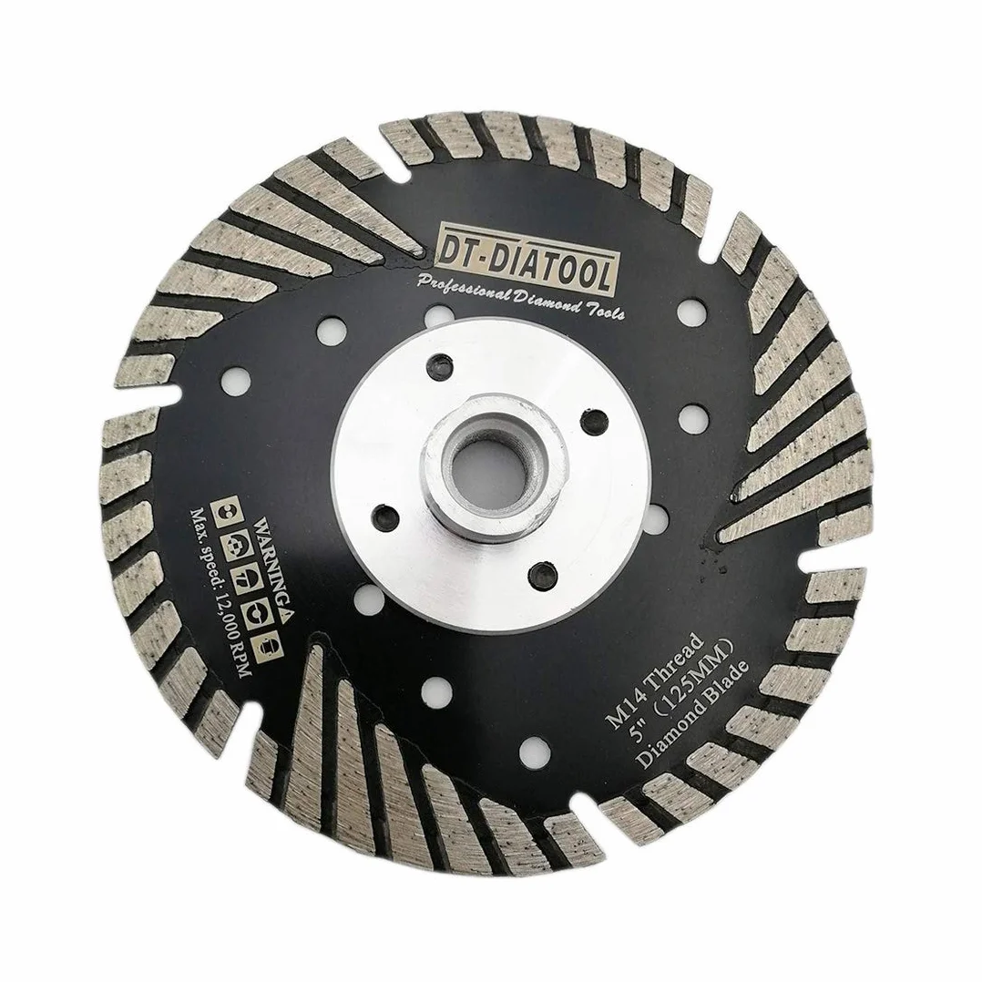 DT-DIATOOL Diamentowa tarcza tnąca turbo ze skośnymi zębami ochronnymi, 125 mm, z gwintem M14, do płytek betonowych, granitowych, marmurowych, murowanych