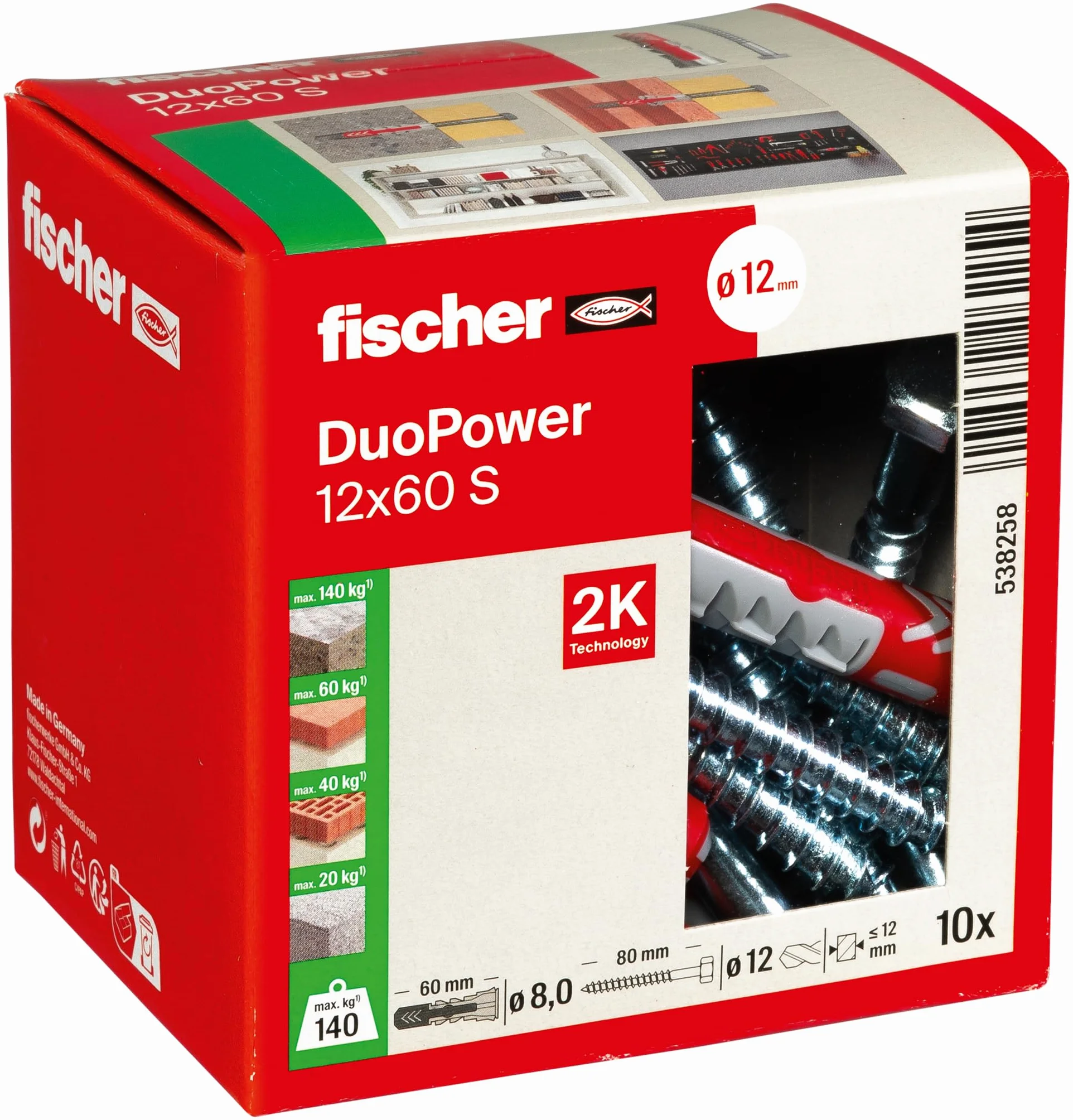 fischer DuoPower Uniwersalne kołki rozporowe ze śrubą zabezpieczającą, 2-komponentowe, kołki z tworzywa sztucznego do mocowania w betonie, cegle, kamieniu, płycie gipsowo-kartonowej i wielu innych, 10