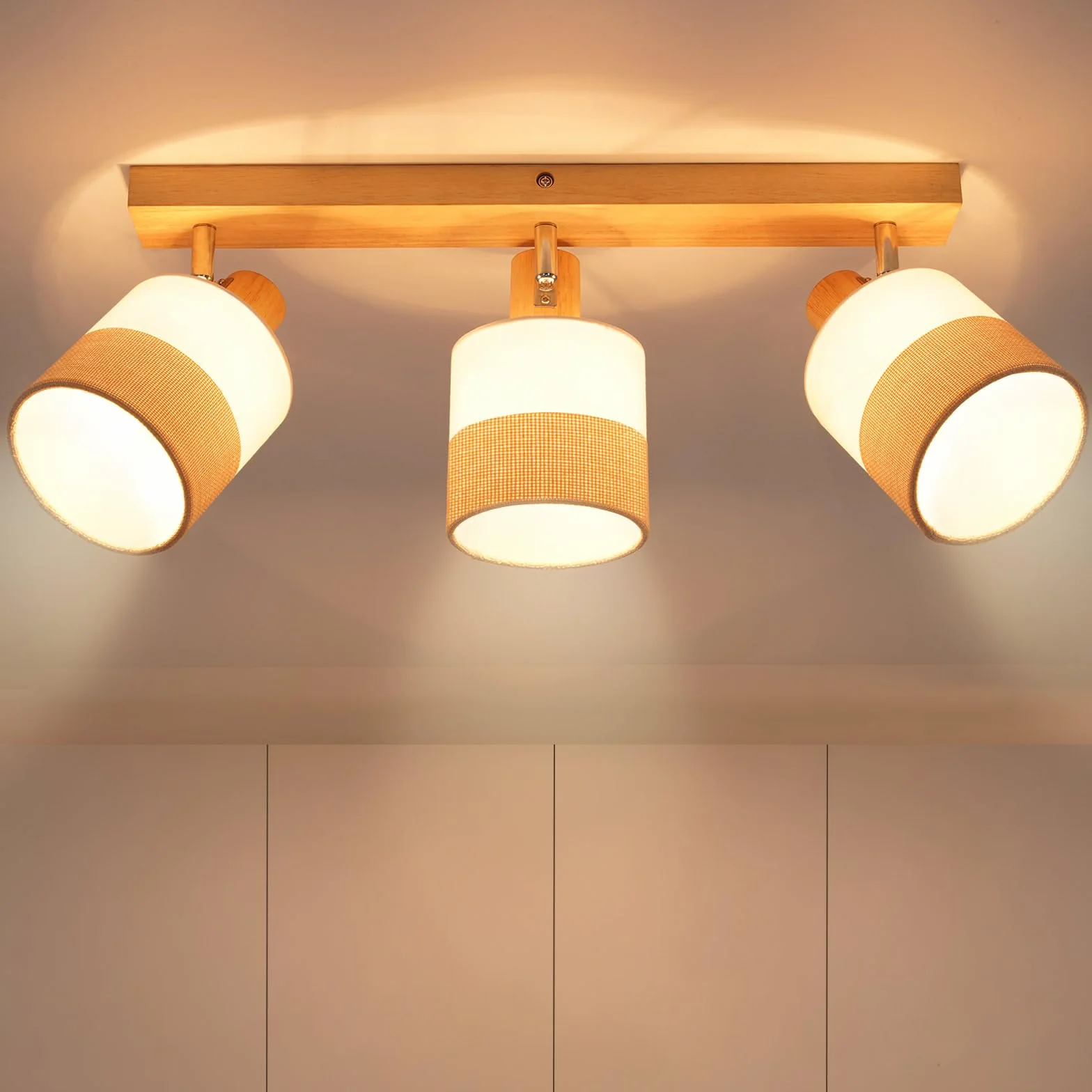 Glitzerlife Reflektor sufitowy 3 płomienie lampa sufitowa drewno - Reflektor vintage E14 klosz z tkaniny retro obrotowy 350° spot MAX.25W przedpokój kuchnia sypialnia salon, bez żarówki
