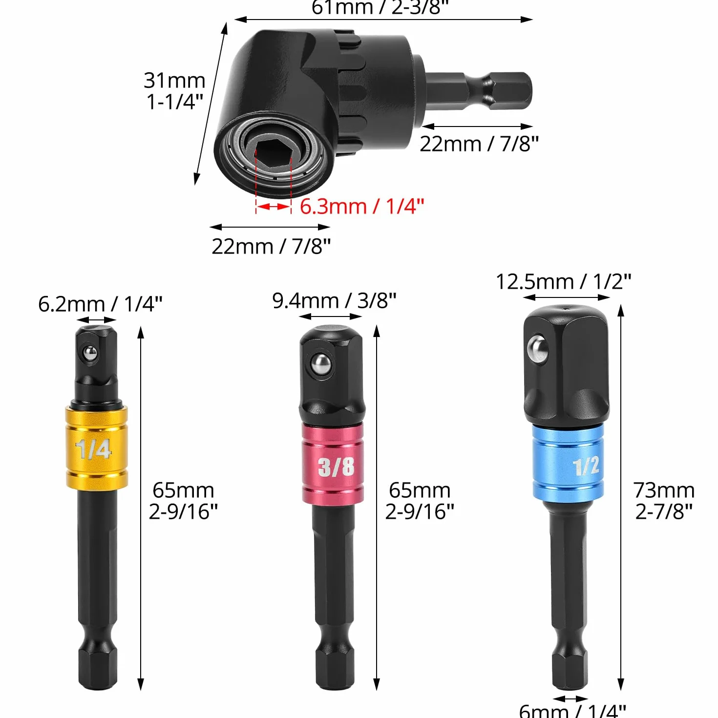 QWORK® Adapter do wkrętaka kątowego 105°, zestaw adapterów do gniazda udarowego, z 3-częściowym adapterem nasadowym 1/10.2 cm 3/20.3 cm 1/5.1 cm, czarny