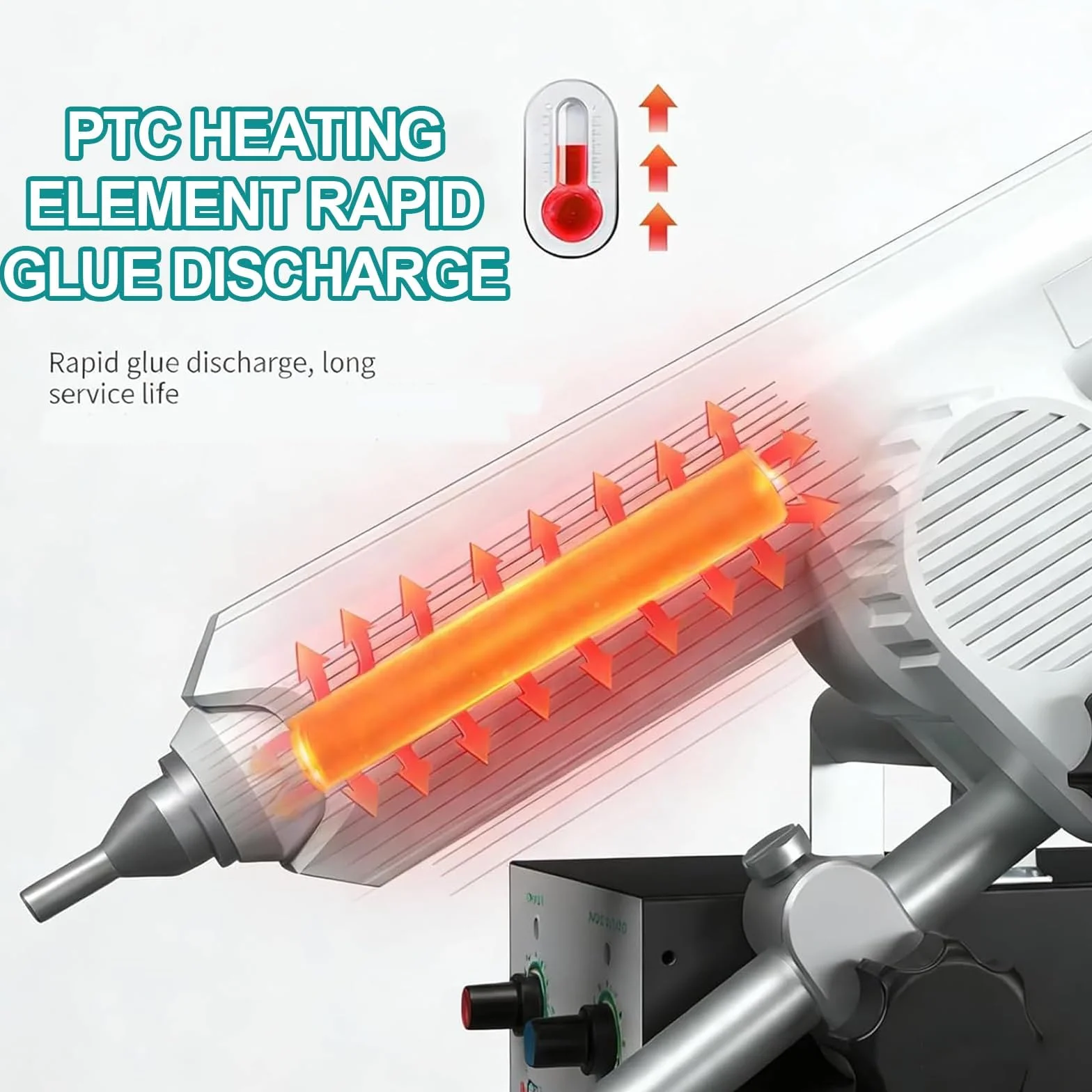 Profesjonalny pistolet do klejenia na gorąco, zasilany stopą, z automatycznym podawaniem, regulowana prędkość i temperatura (200-250°C), precyzyjna dysza 2,6 mm do uszczelniania i pakowania kartonów