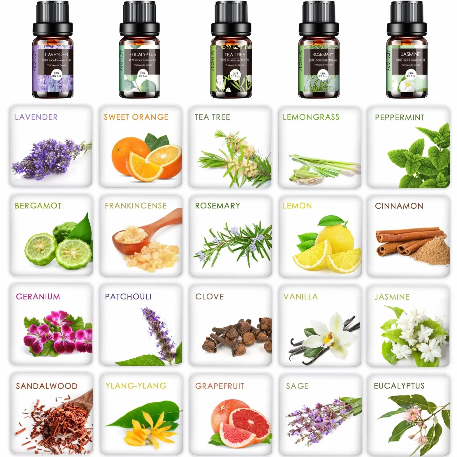 Aeshory Zestaw Olejków Eterycznych 20 X 5 ml, 100% Naturalny Czysty Olejek Eteryczny Do Aromaterapii Do Dyfuzorów Domowych, Nawilżaczy, Do Relaksu, Czyszczenia, Wyrobu Mydła I Świec