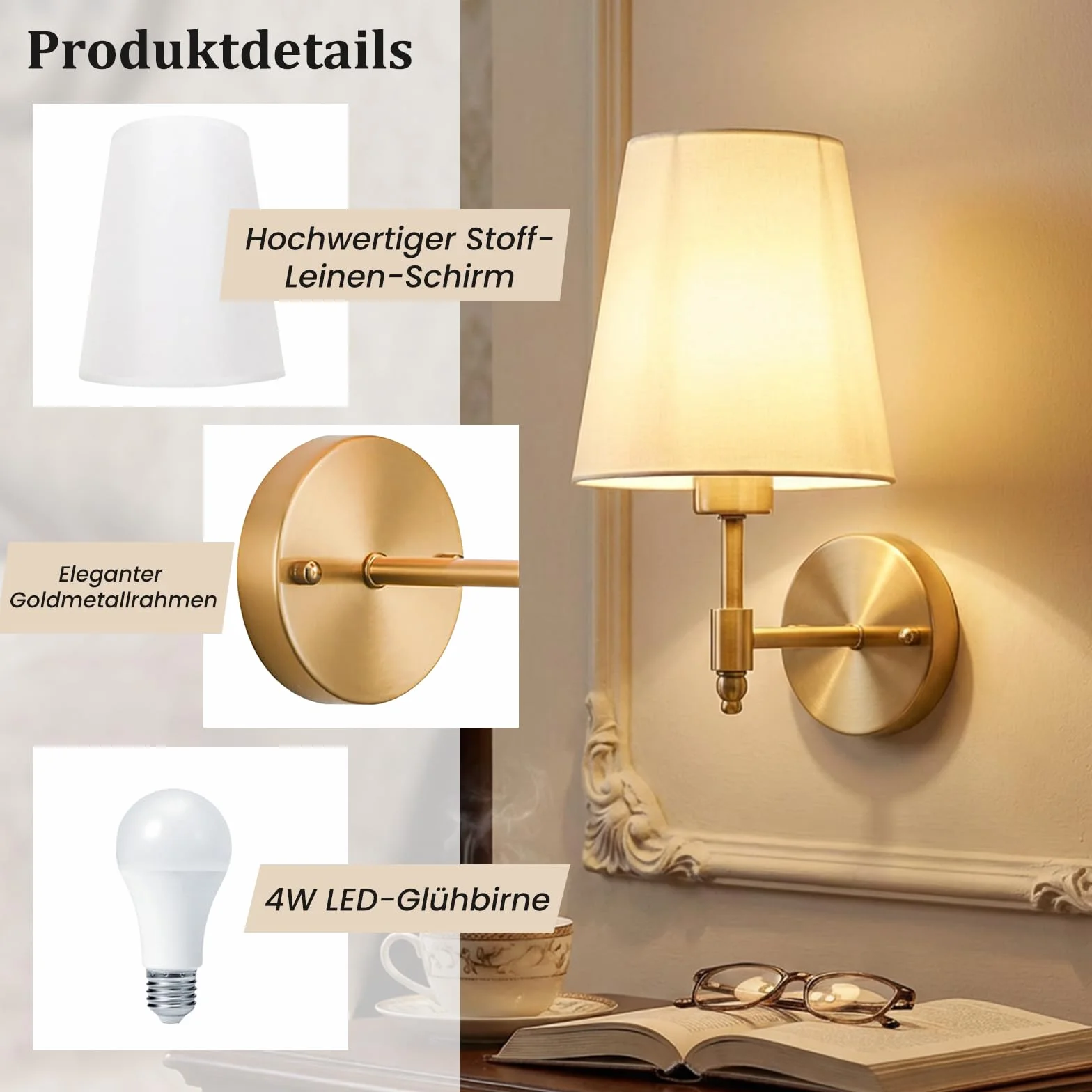Zestaw 2 lamp ściennych LED do wnętrz, retro złote lampy ścienne do łazienek, styl industrialny, 3000K-6000K z kloszem z tkaniny, lampy ścienne do sypialni, salonów i klatek schodowych