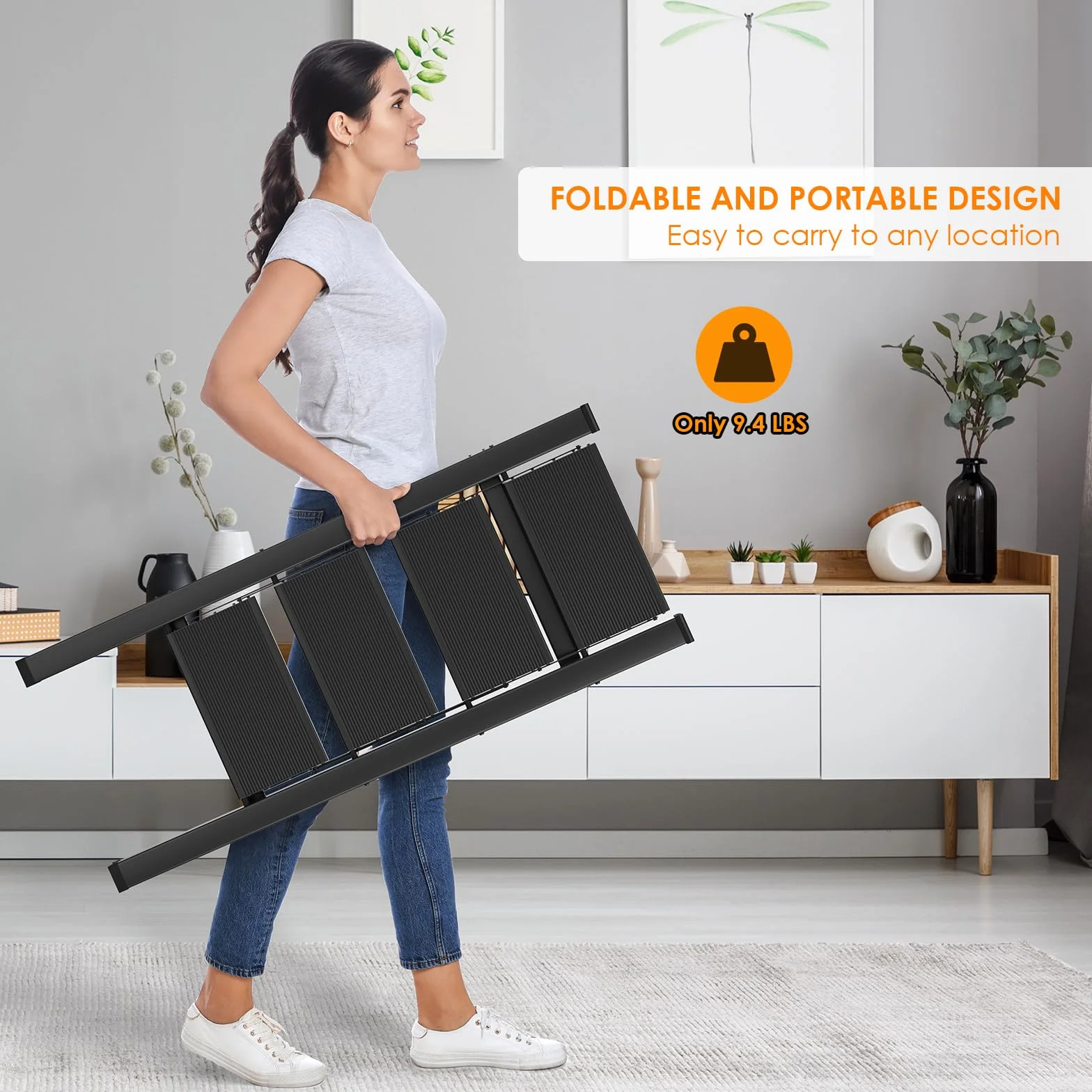 LIFERUN Aluminiowa drabina z 4 stopniami, składana, antypoślizgowa, drabina stojąca, wielofunkcyjna, łatwa do przechowywania, obciążenie do 150 kg, do kuchni, domu, na zewnątrz, do biura, czarna