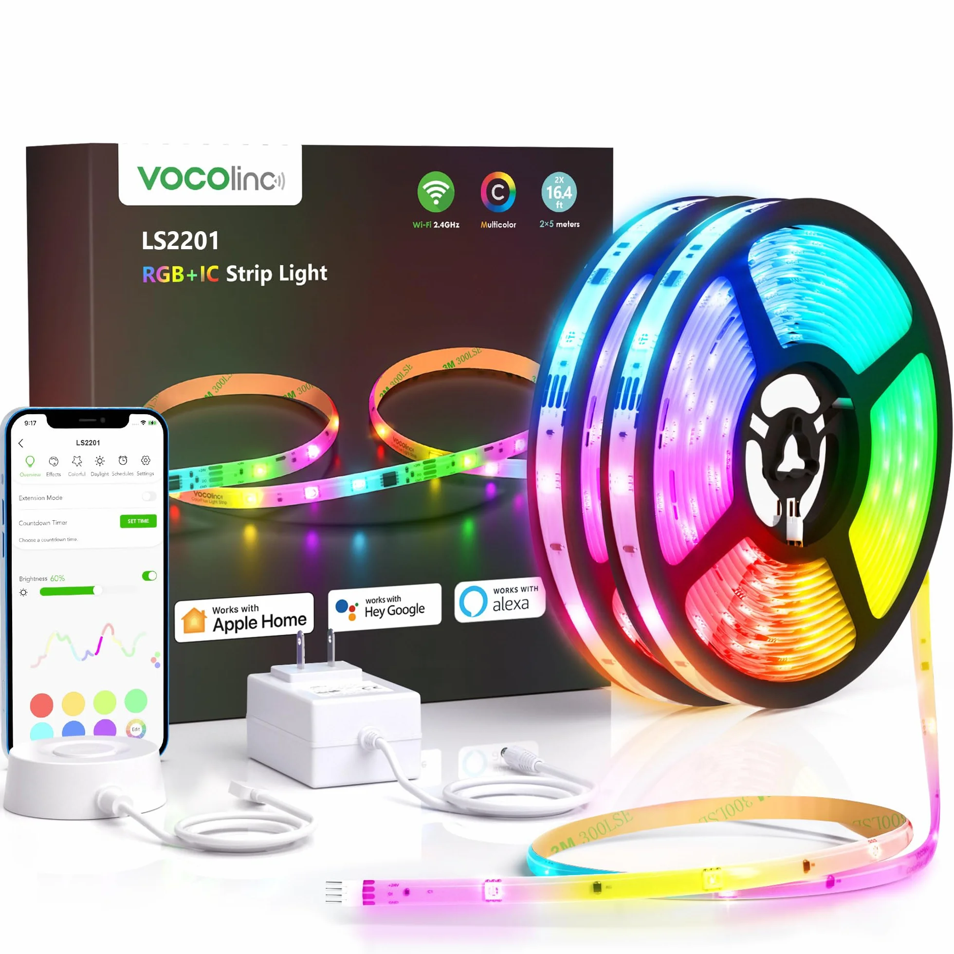 OBA VOCOlinc LS2201 Smart taśma LED, RGB+IC, 10 metrów, Wi-Fi 2,4 GHz, 16 milionów kolorów, kompatybilny z Apple HomeKit, Google Home, Alexa