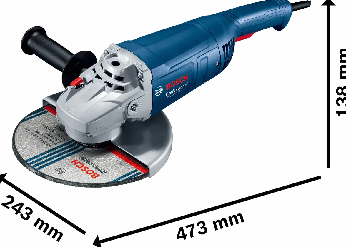 Bosch Professional Szlifierka kątowa GWS 20-230 P (2000 W, z dodatkowym uchwytem, kołnierz mocujący, nakrętka napinająca, osłona ochronna, klucz dwuotworowy, w kartonie), Niebieska