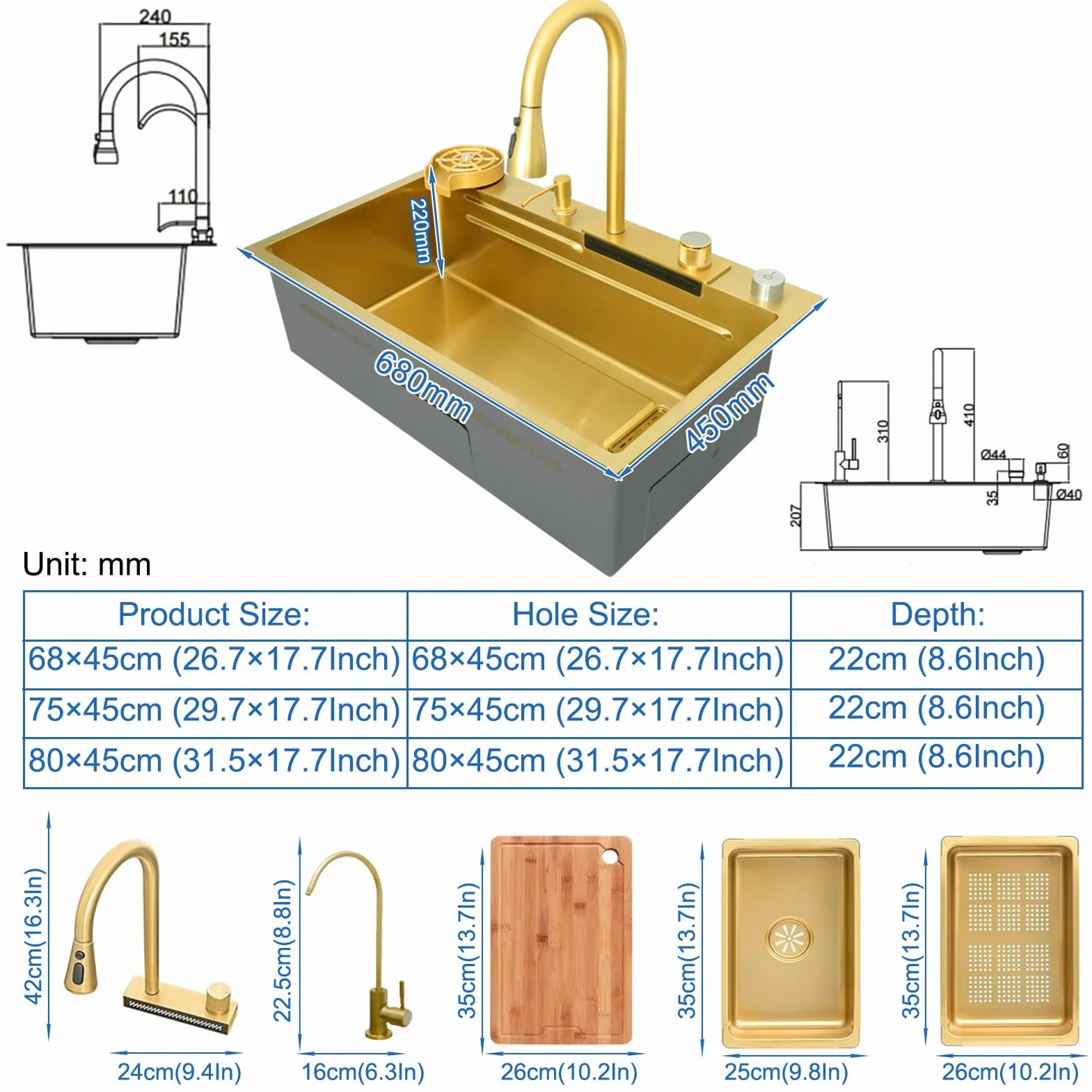Stainless Steel Waterfall Kitchen Sink Combo With Pull-Out Faucet Nano-Coated Topmount Single Bowl Workstation Sink With Accessories, Pressure Pot Washer, Cutting Board, Draining Basket(Gold,68x45cm)