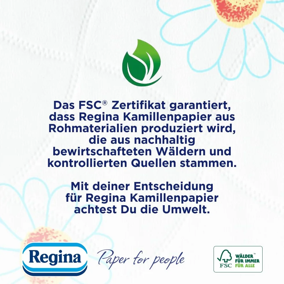 Regina Papier Rumiankowy 16 Rolek po 150 Listków, Miękki i Delikatny, Zapachowy, z Nadrukiem, 3 Warstwy, Duże Opakowanie, Certyfikat FSC, Czysta Celuloza, Atest NIZP-PZH