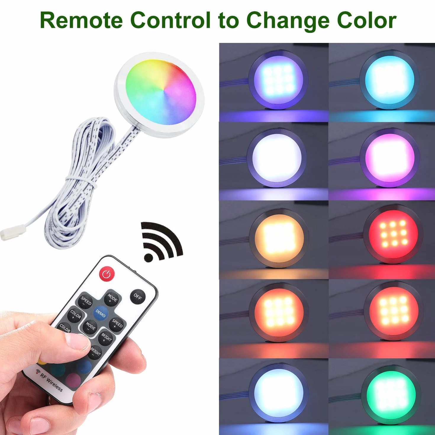 AIBOO Oświetlenie szafki RGB LED, zestaw 8 sztuk, 12 V, lampa podszafkowa, zmiana koloru z pilotem zdalnego sterowania, możliwość ściemniania, oświetlenie witryn RGB, oświetlenie LED do oświetlenia