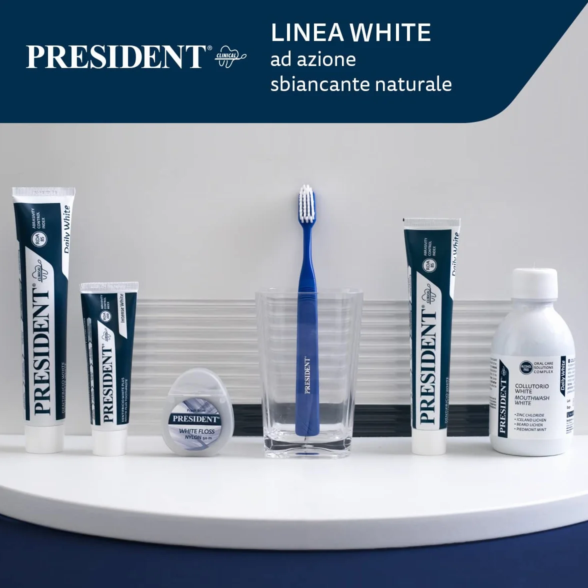 President Zestaw 3 WHITE White o profesjonalnym działaniu wybielającym. Białe zęby, skuteczne działanie przeciwbakteryjne, przeciwblaszkowe i przeciwkamieniowe. Smak miętowy, orzeźwiający antycuchnący