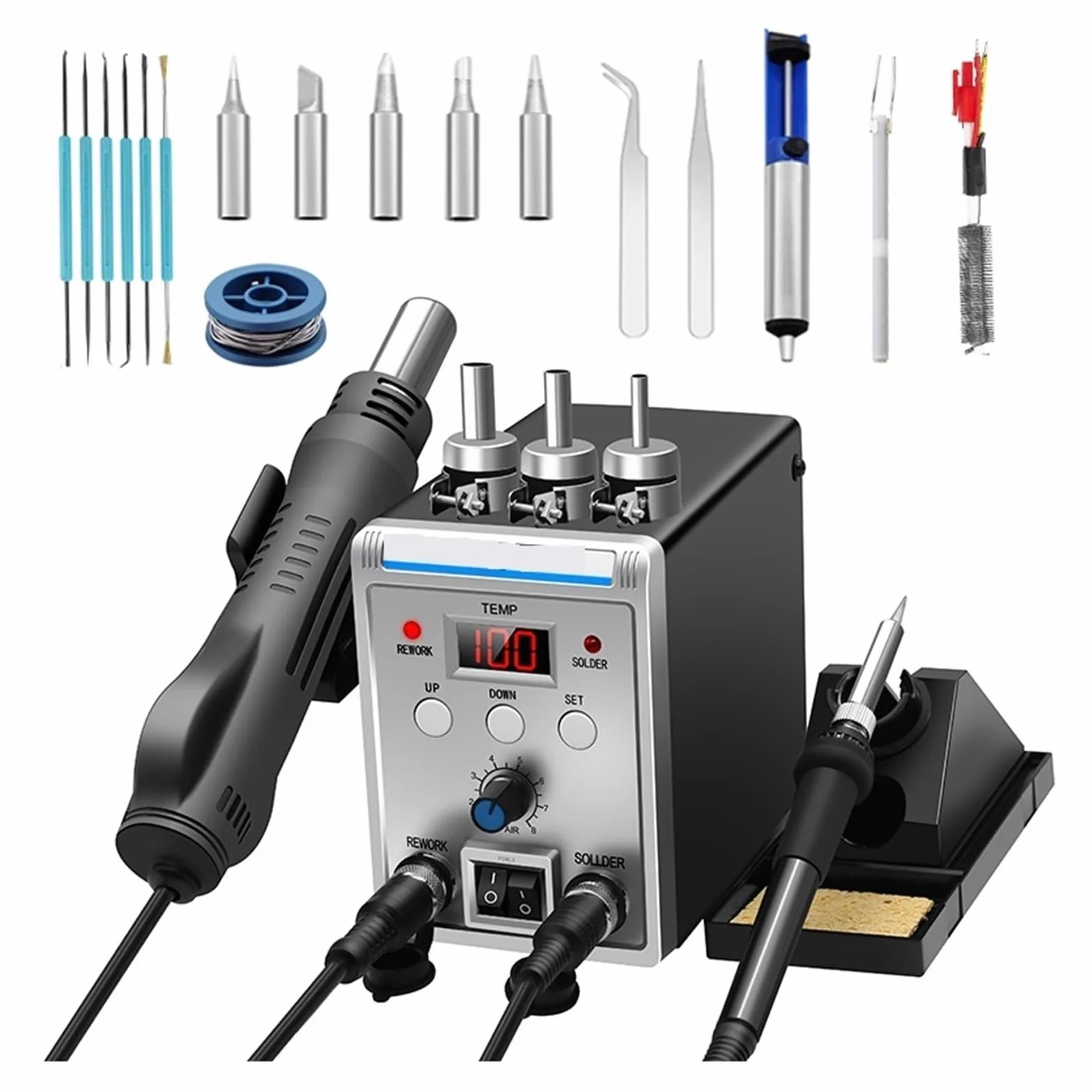 Stacja lutownicza, 8586 Stacja Lutownicza Przenośna Cyfrowa Gorąca Wiatrówka Przeróbka BGA Stacja Lutownicza Dmuchawa Gorącego Powietrza Opalarka Narzędzie Do Rozlutowywania(B)