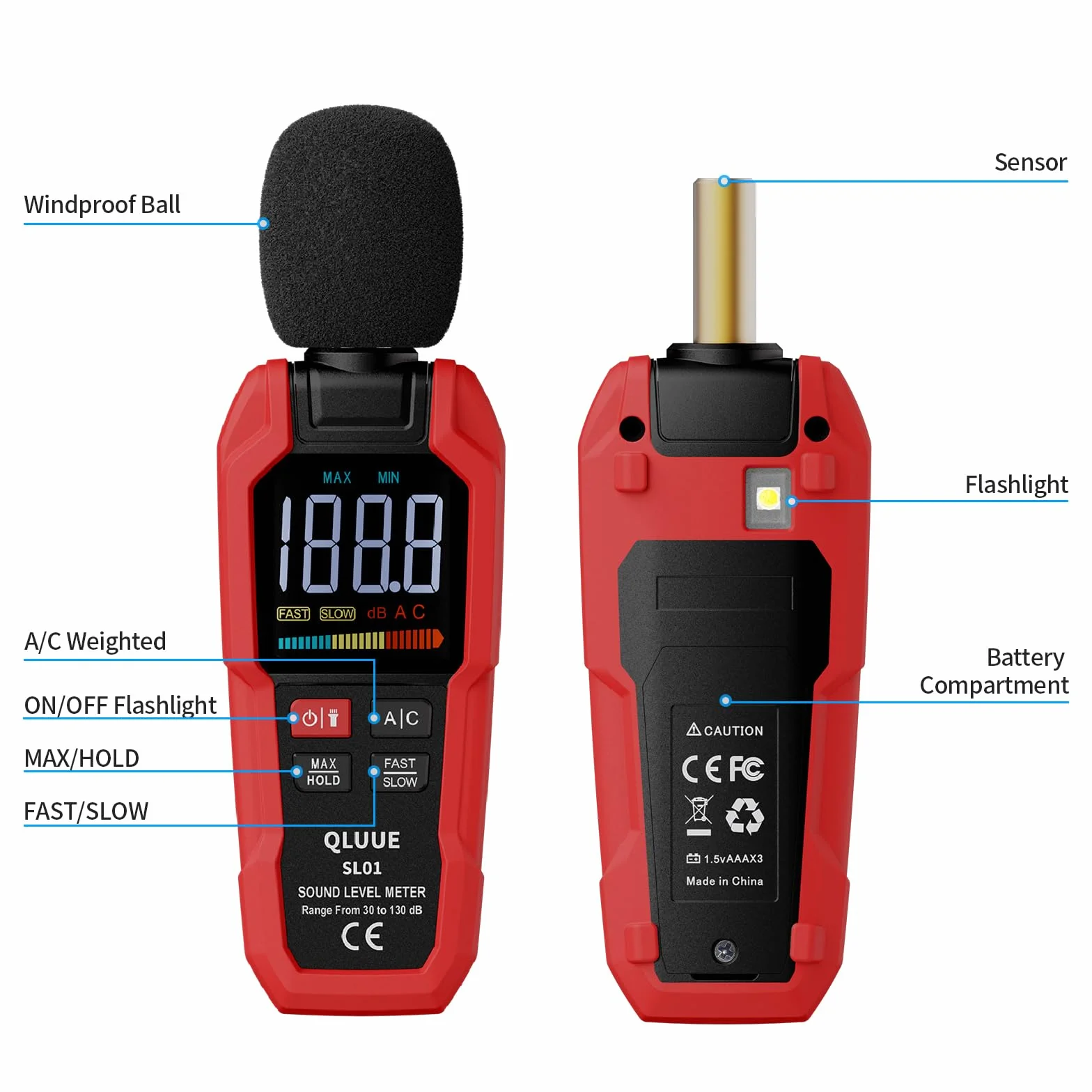 Cyfrowy przenośny miernik poziomu dźwięku, 30 dB do 130 dB, wyświetlacz LCD z obciążeniem A/C, może być używany w domu, w fabryce i na ulicy
