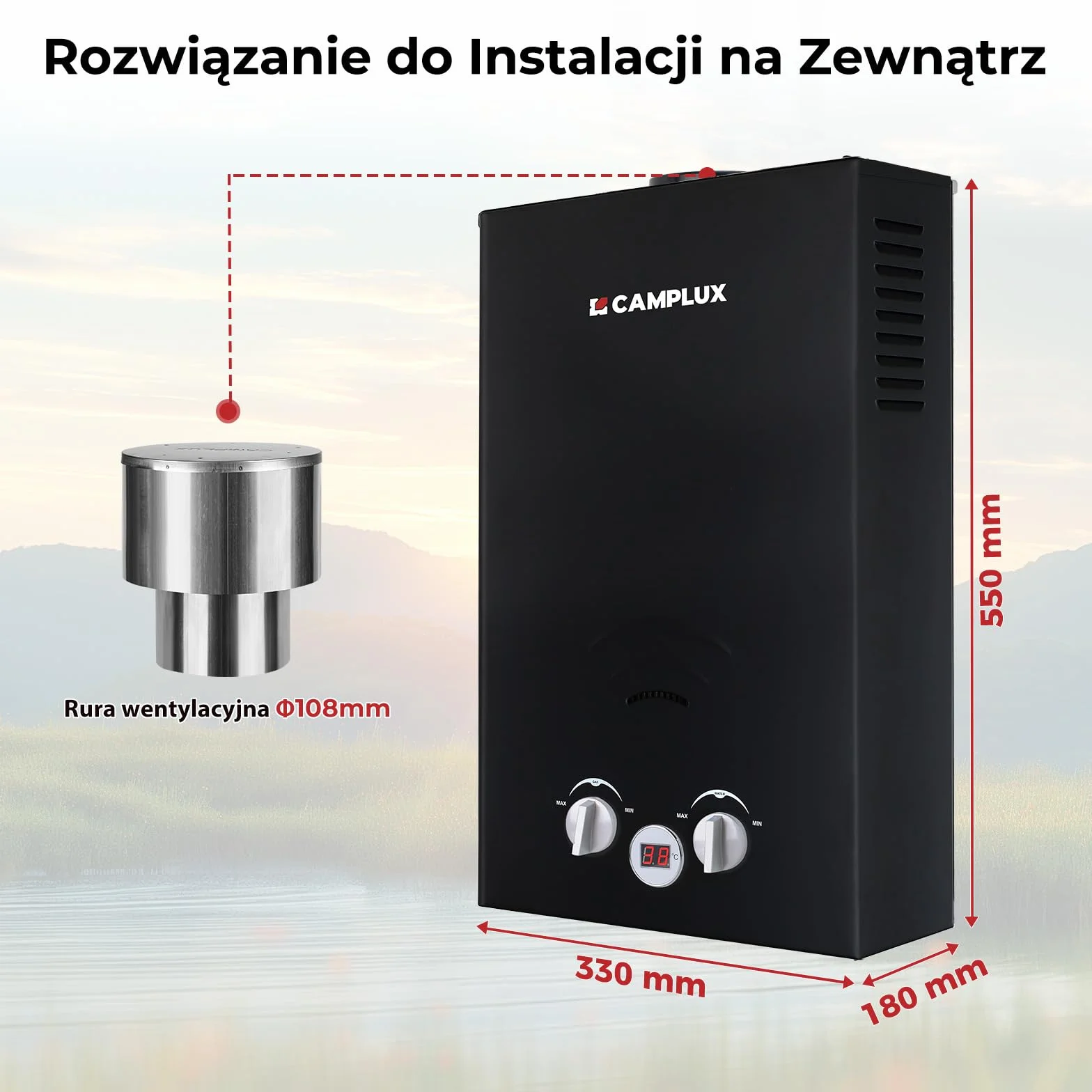 Camplux BW264BC 10L gazowy podgrzewacz wody z pokrywą przeciwdeszczową, certyfikat CE GAR, do użytku na kempingu, w kamperze, myciu koni