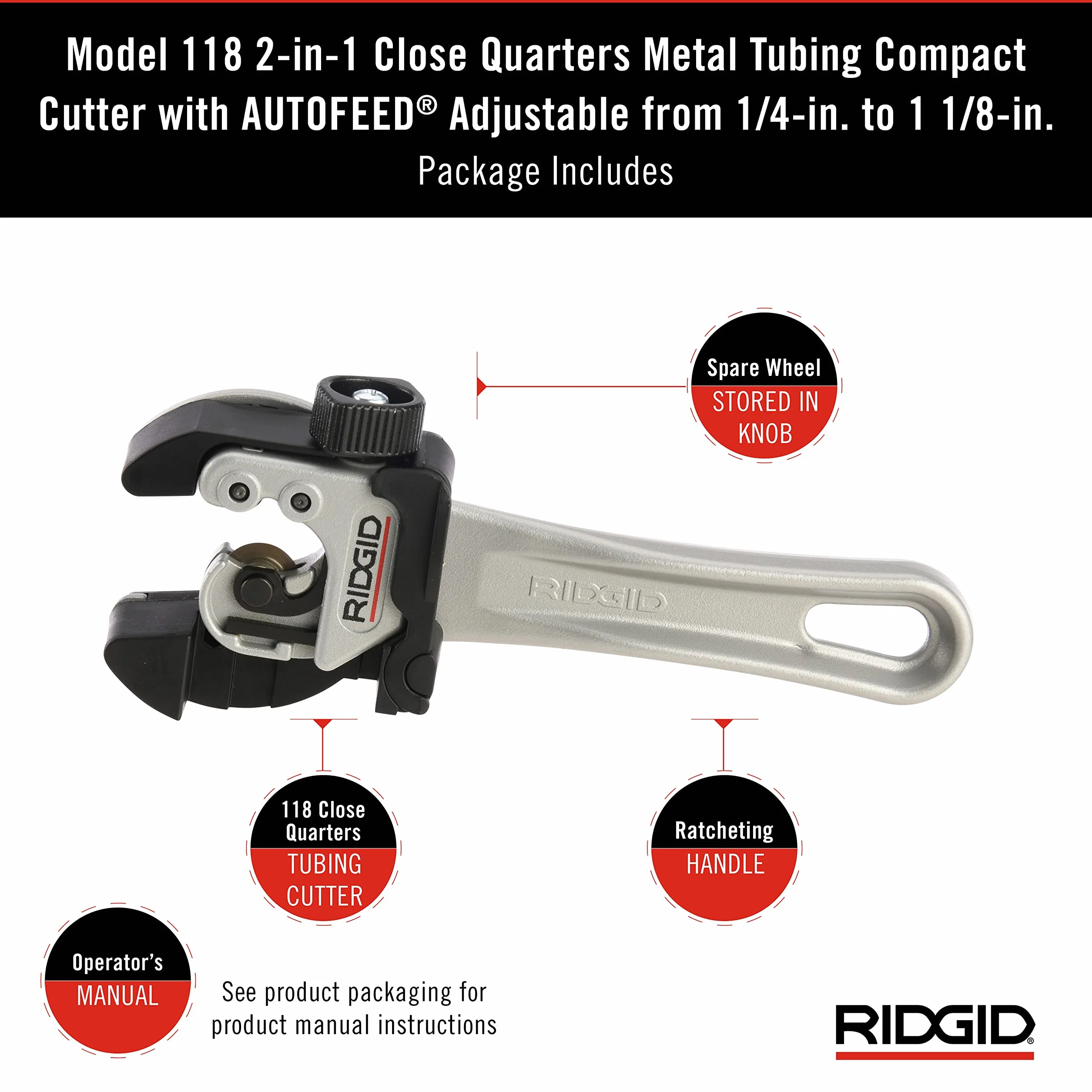RIDGID 32573 Model 118 2 w 1 Close Quarters AUTOFEED Frez z uchwytem zapadkowym, frez do rur 1/10.2 cm do 1-1/20.3 cm