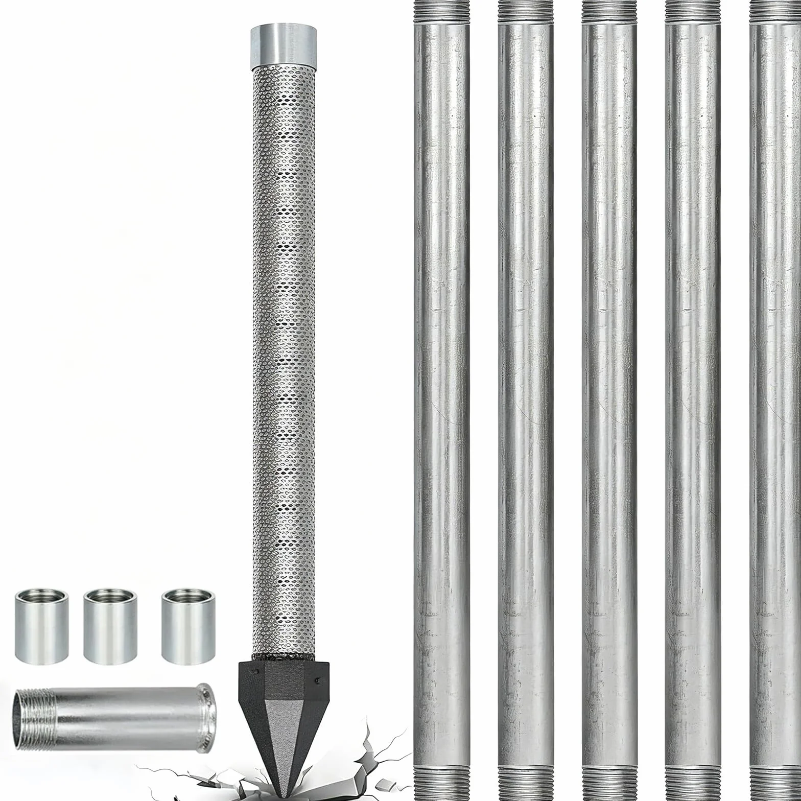 Zestaw studni Sand Point, 1-1/4" ze stali nierdzewnej do wiercenia studni z przesiewaczem 36" 60 mesh i 5 ocynkowanymi rurami, do miękkiej gleby