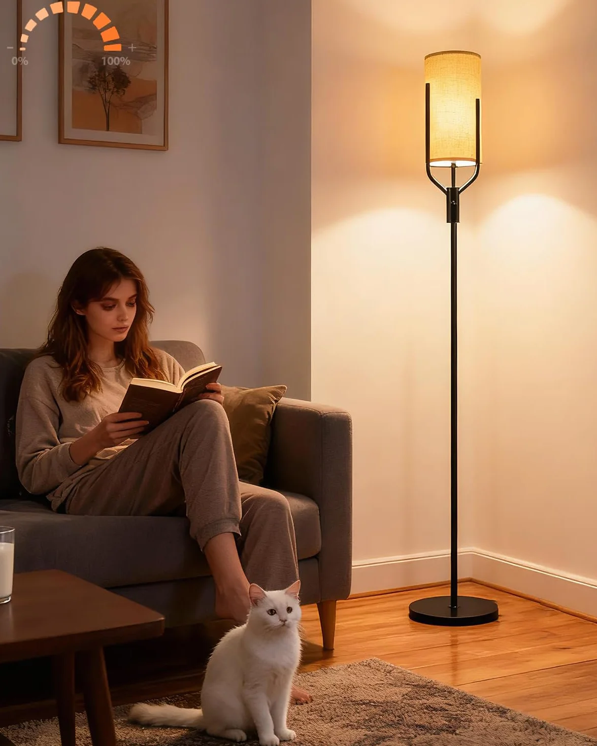 Czarna lampa podłogowa 64,6 cala, ściemniana lampa podłogowa LED z lnianym kloszem, 3000 K, miękka, ciepła biel, żarówki w zestawie, nowoczesna wysoka lampa do salonu, sypialni, na wesele i