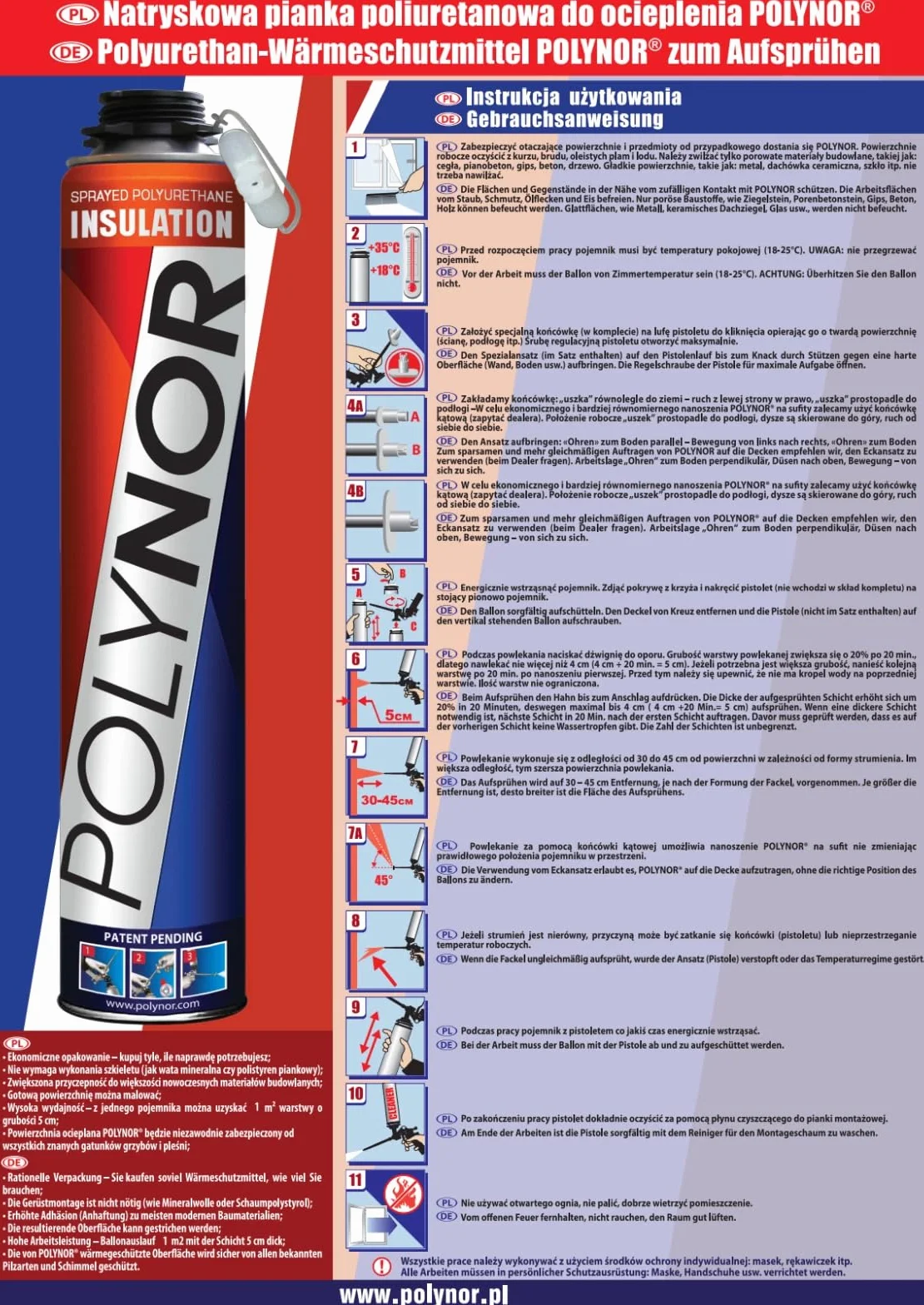 POLYNOR Izolacja Cieplna PUR w Puszce PRO - Pełny Zestaw 29 elementów - 12 Pianek - Pistolet TEFLON PRO do piany - Natryskowa Izolacja Termiczna - Izolacja Ścian, Dachów, Sufitów, Rur - Aerozol 750 ml