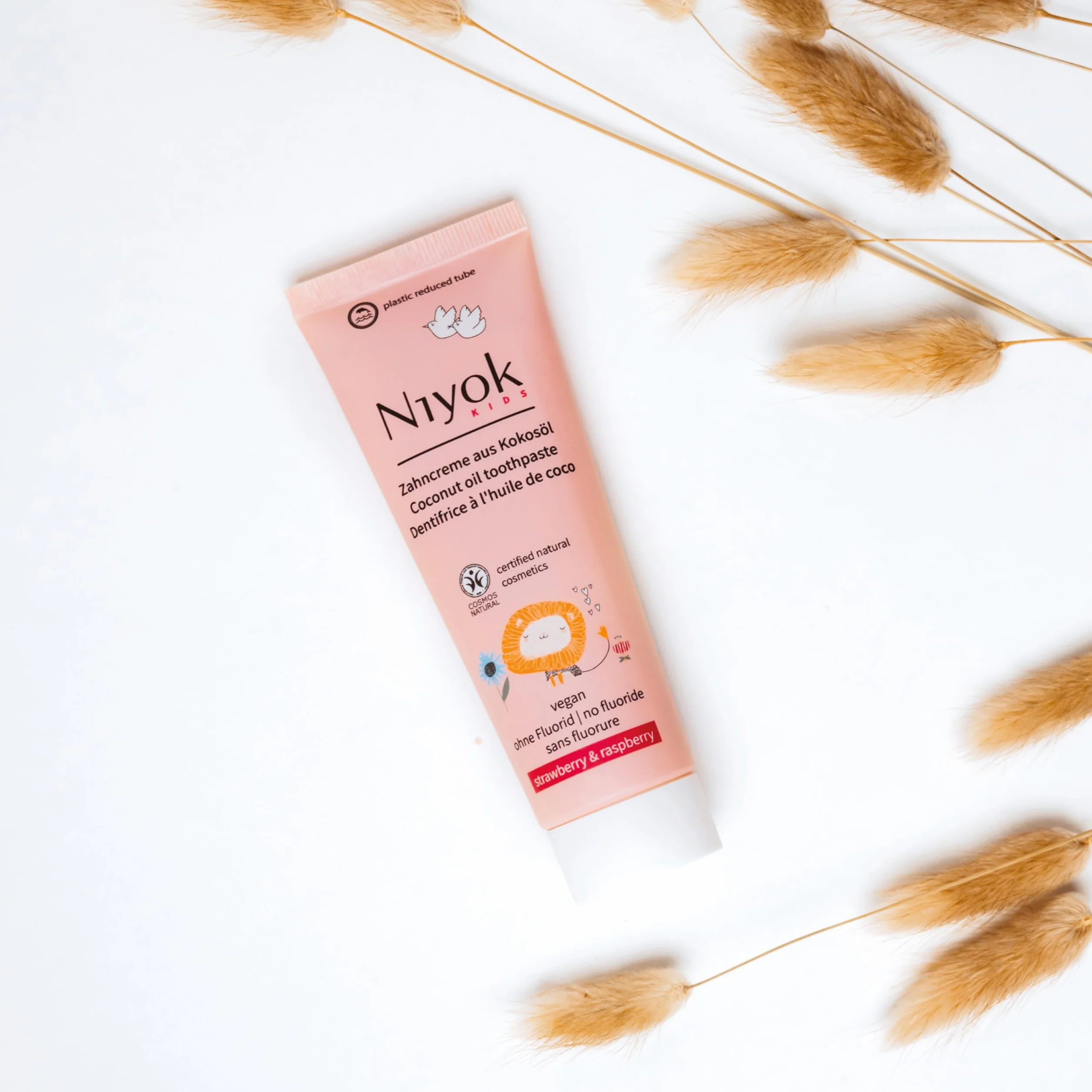Niyok® Pasta do z?bów z olejkiem kokosowym bez fluorku i mikroplastiku | Bio naturalny kosmetyk dla dzieci | ksylit zio?owy | naturalna pasta do z?bów wega?ska | dla dzieci truskawka i malina (75 ml)