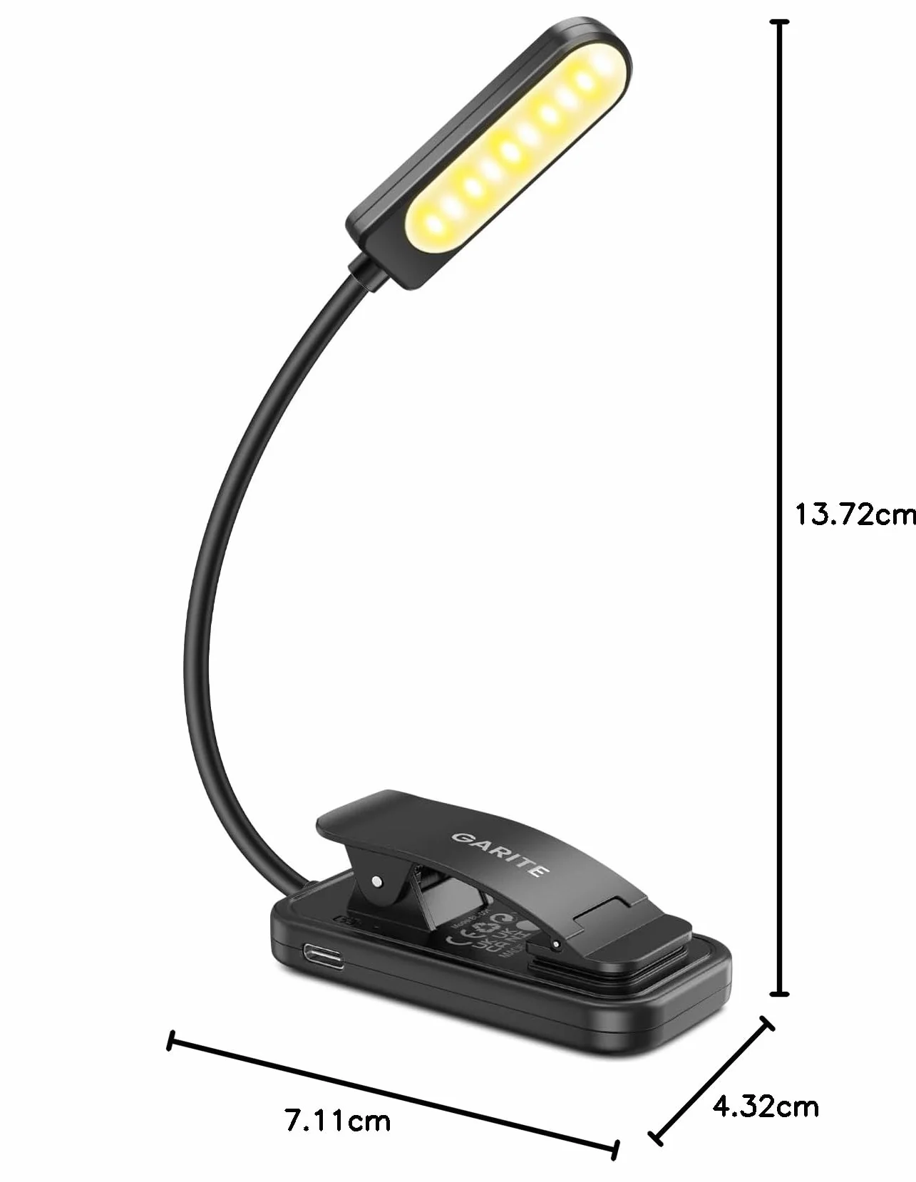 GARITE Lampka LED do Czytania z Klipsem - 10 Diod LED, Ściemniana, 3 Tryby Jasności (Ciepła, Biała i Mieszana), Ładowalna
