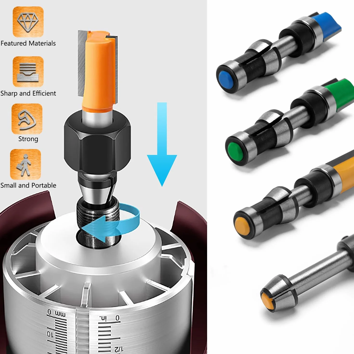 VooGenzek 6 Sztuk 6mm / 6.35mm / 8mm Uchwyt Zaciskowy do Frezarki, Adapter Tulei Zaciskowej Frezu z 2 Sztuk Nakrętki Zaciskowej, do Obróbki Drewna, Grawerowania
