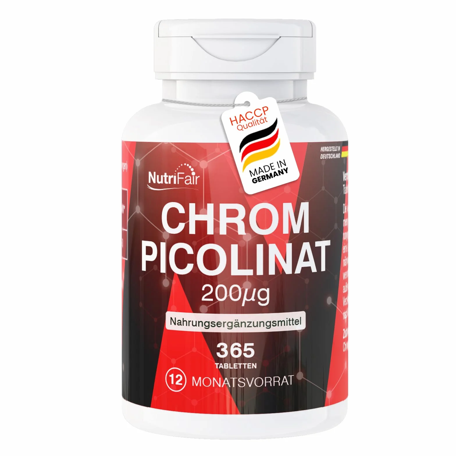 Pikolinian chromu 200μg – 365 tabletek – *normalny poziom cukru we krwi – wysoka dawka – 100% wegański – produkcja i badania laboratoryjne w Niemczech – NutriFair | Premium & Fair