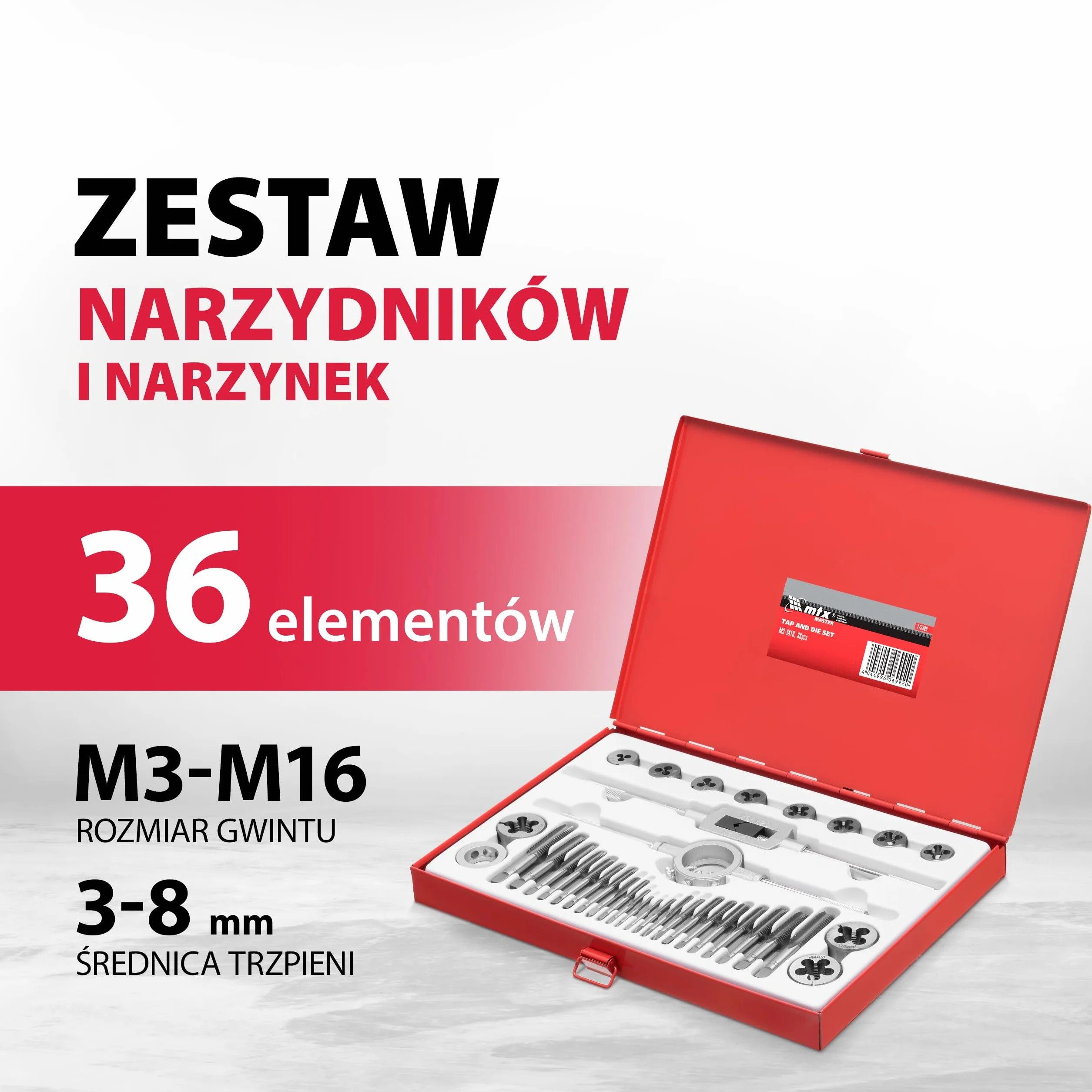 MTX Zestaw Gwintowników i Narzynek, Ręczny, M3-M16, 36 elementów - MTX