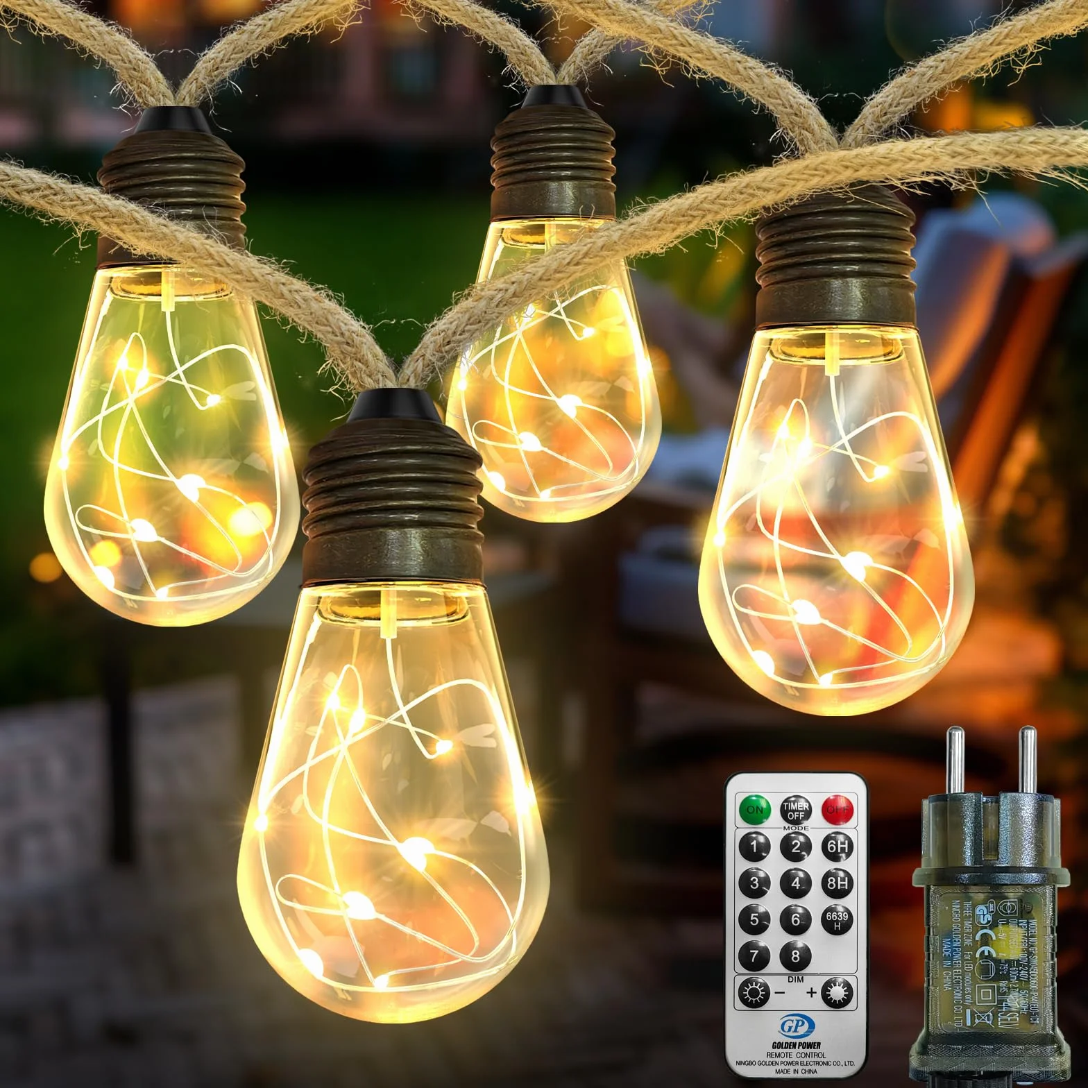 AGOTD łańcuch świetlny LED do użytku wewnątrz i na zewnątrz, 6 m, łańcuch świetlny vintage zasilany prądem z liną konopną, 20 diod LED, 8 trybów, dekoracja do ogrodów, na przyjęcia, balkonu, wesela