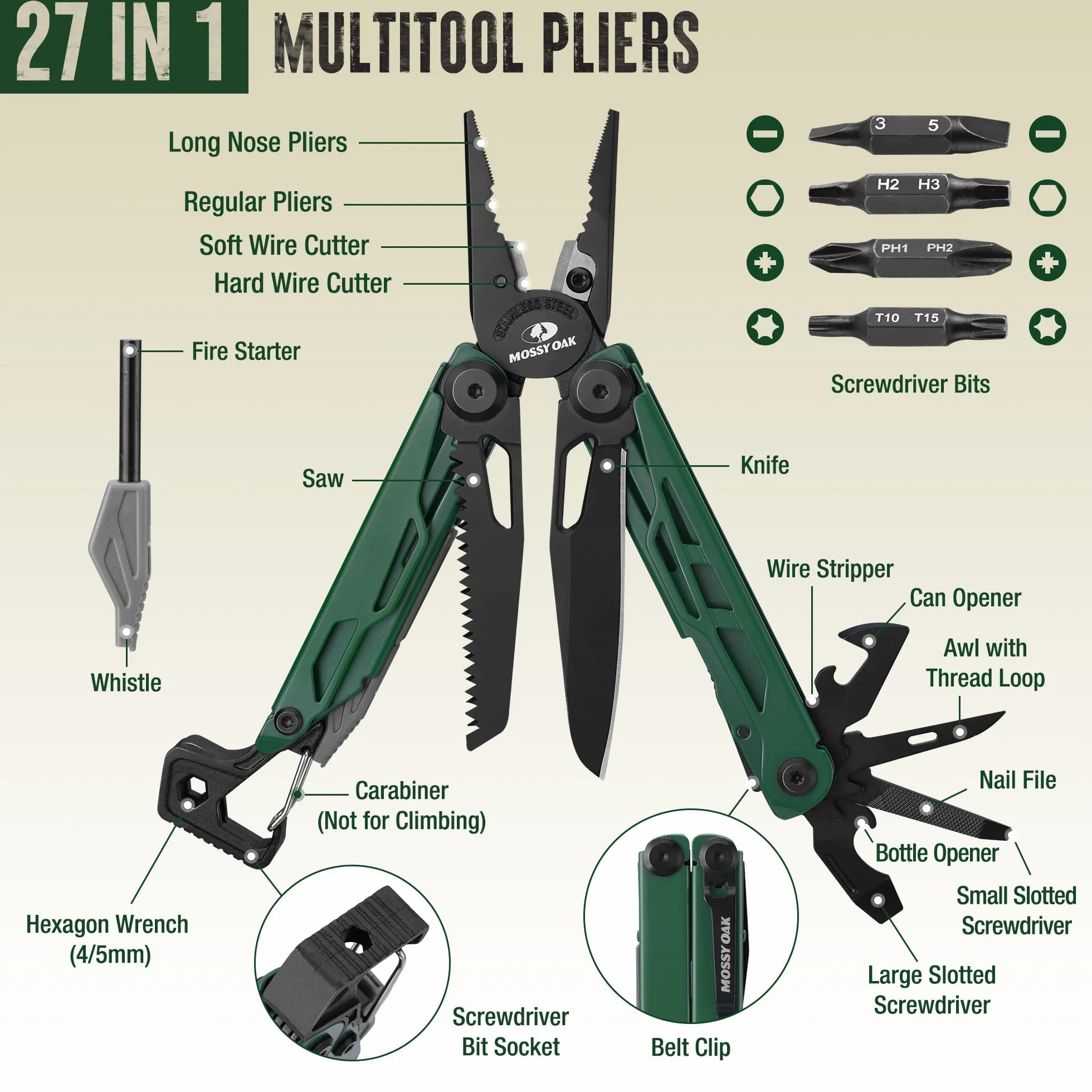 Mossy Oak Szczypce wielofunkcyjne, 27 w 1 narzędzie multitool, składane narzędzie wielofunkcyjne ze stali nierdzewnej, wielofunkcyjne szczypce z 4 bitami, nóż, do wędrówek, kempingu, napraw z torbą do