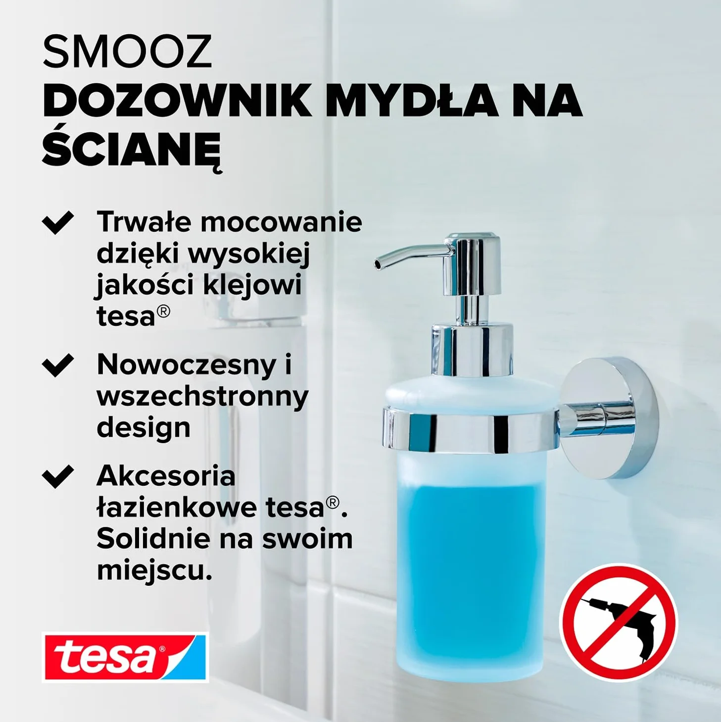 tesa Smooz samoprzylepny dozownik mydła chromowany metal 170x70x126 mm
