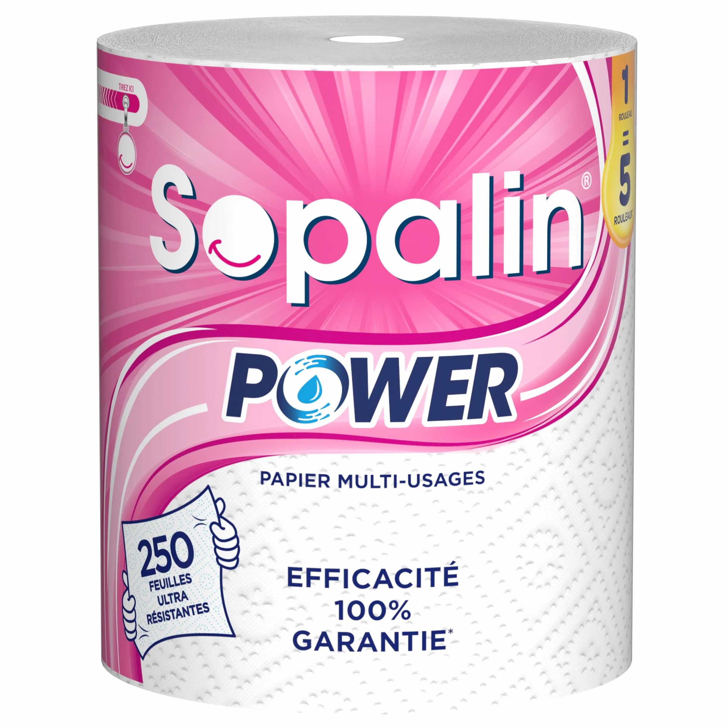 Sopalin Power - Uniwersalna wycieraczka - 1 rolka Power=5 klasycznych rolek - 250 arkuszy - bardzo wytrzymała - opakowanie składające się z co najmniej 80% plastiku pochodzącego z recyklingu - Papier