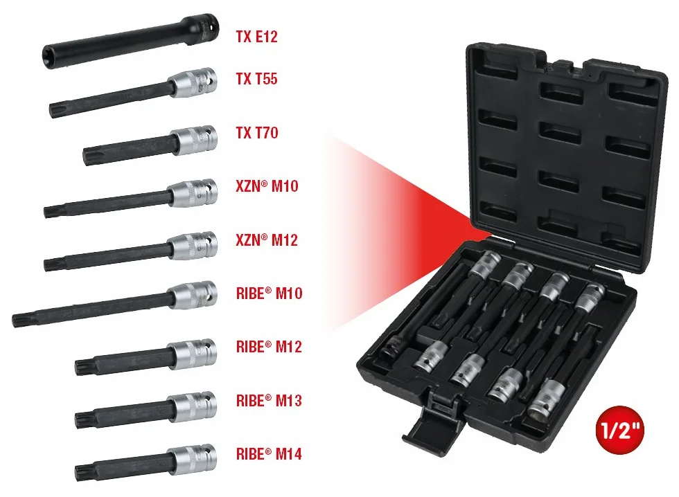 KS Tools 911.4535 Zestaw kluczy nasadowych do śrub głowicy cylindra 9-szt, 1/2"