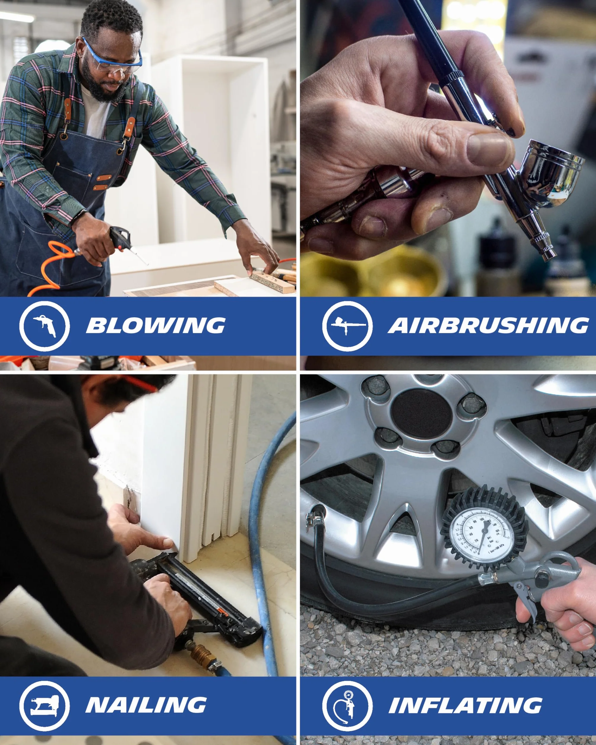 Michelin Przenośna sprężarka powietrza MBL-GO COMPACT, bezolejowa sprężarka, pistolet pneumatyczny z manometrem, maksymalne ciśnienie: 8 bar, z automatycznym wężem nawijającym, moc: 1,5 KM, poziom