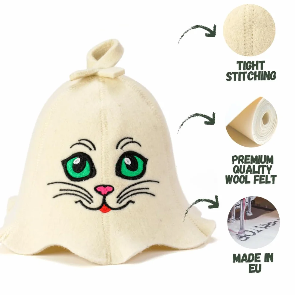 Tkaniny naturalne Sauna Hat 'Sauna Kitten' White - 100% Organic wełniane kapelusze dla rosyjskiej Bania - Protect Your Head od ciepła - English Sauna eBook Przewodnik w cenie - z haftem