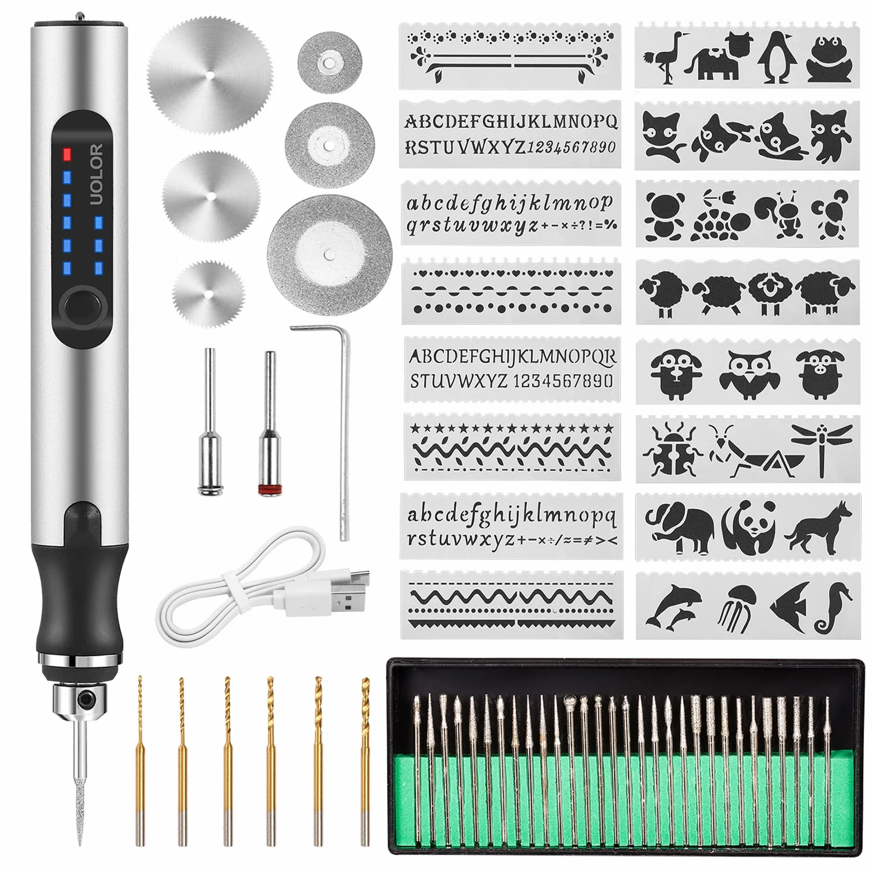 Uolor Pióro do grawerowania elektrycznego, USB wielokrotnego napełniania, zestaw narzędzi, mini grawerowanie, przenośny, obrotowy grawerowanie, do szkła, plastiku, drewna, metalu