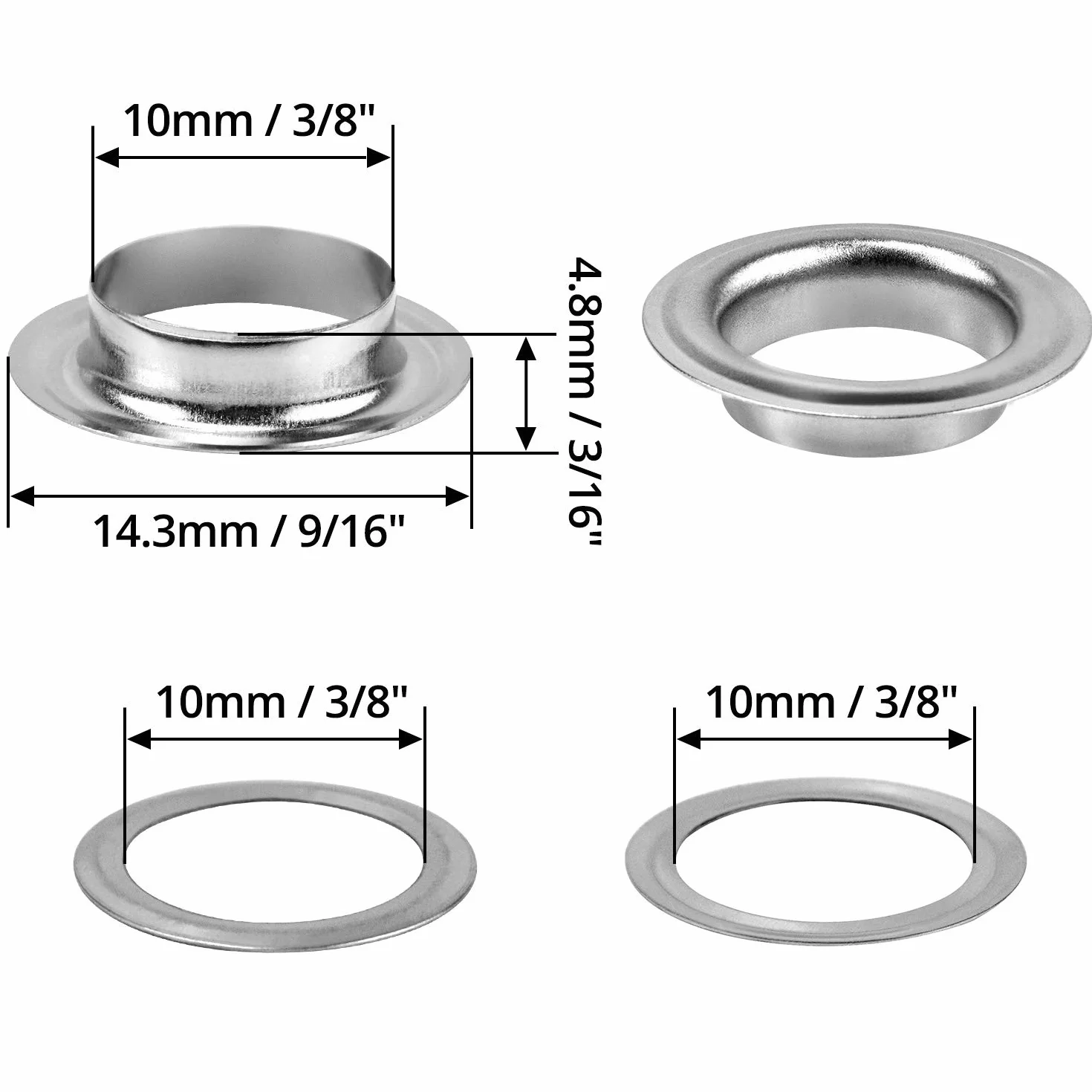 QWORK Zestaw narzędzi do przelotek, 500 sztuk oczek przelotek i 500 sztuk podkładek do oczek, 10 mm (3/8 cala), srebrny, do butów, odzieży, plandek z tkaniny skórzanej, washer self backing