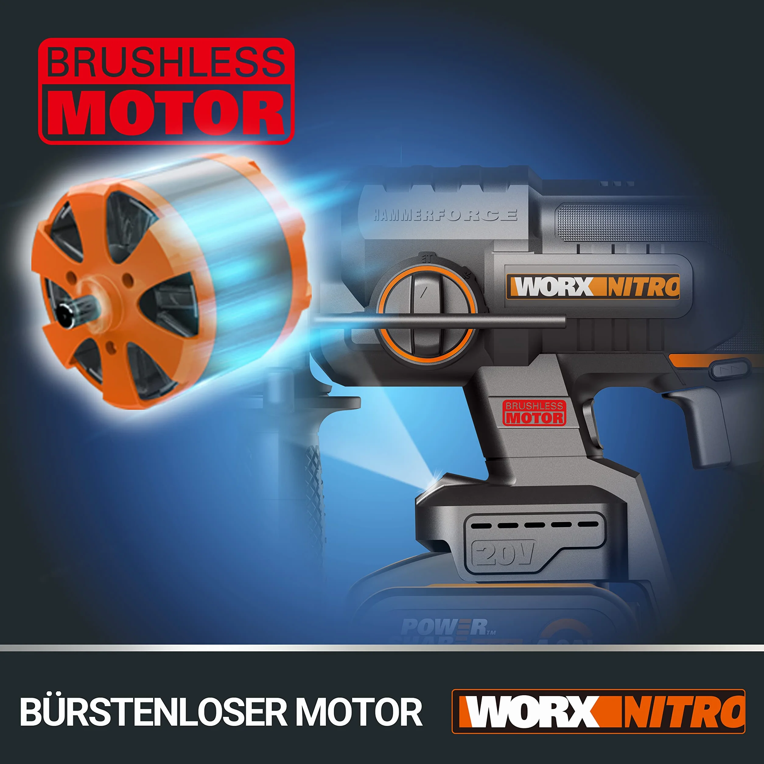 WORX Bezprzewodowy dziurkacz bezszczotkowy 20V WX381.9, 2J, 3 w 1, wiercenie, wiercenie, dłutowanie we wszystkich materiałach, antywibracje, dostarczany bez baterii i ładowarki, z akcesoriami