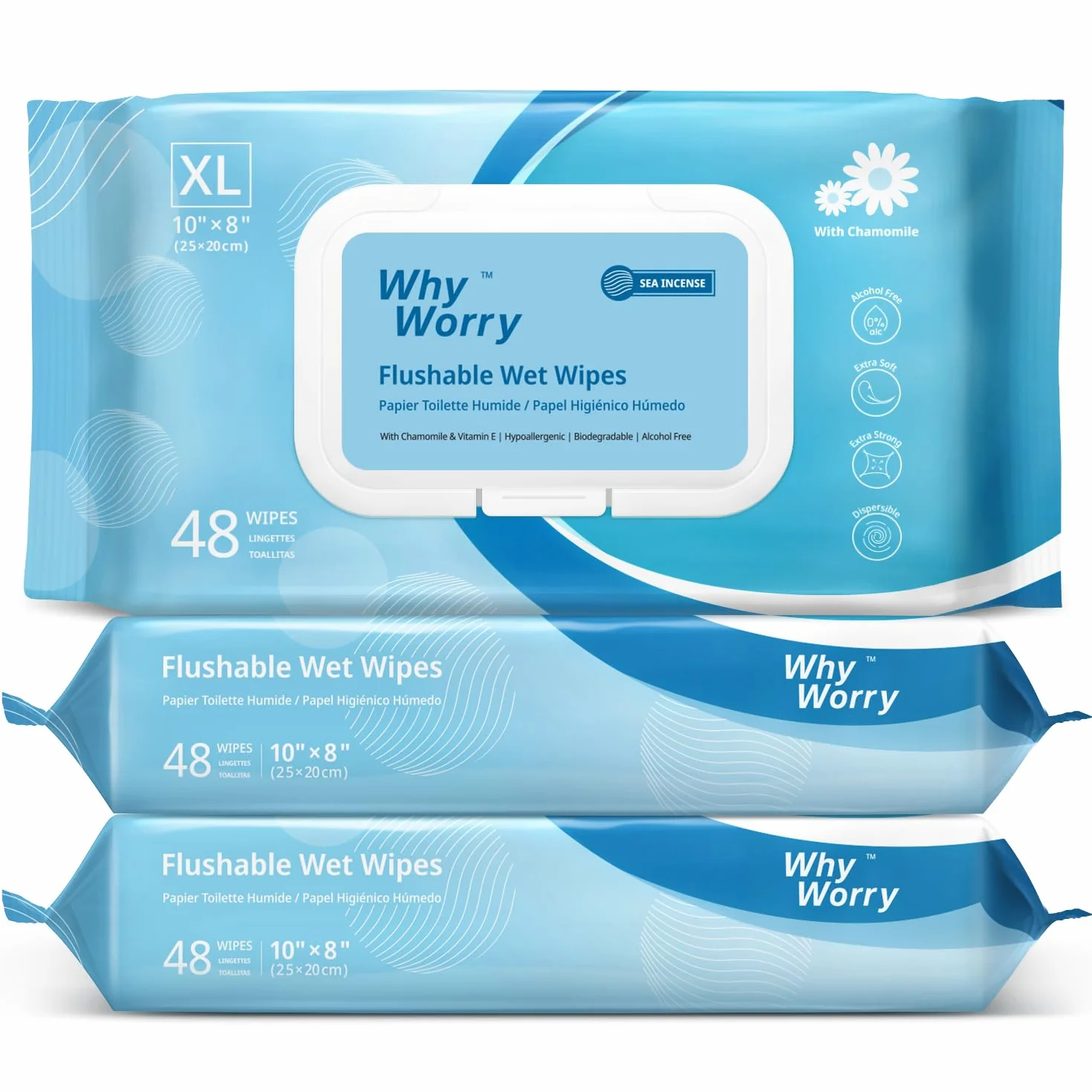 WhyWorry Wilgotny Papier Toaletowy Spłukiwalny, 20x25cm Bardzo Duże Nawilżany Papier Toaletowy z rumiankiem, Chusteczki Nawilżanej Dorosłych, Biodegradowalny, Bez Plastiku, Morze, 144 Sztuk