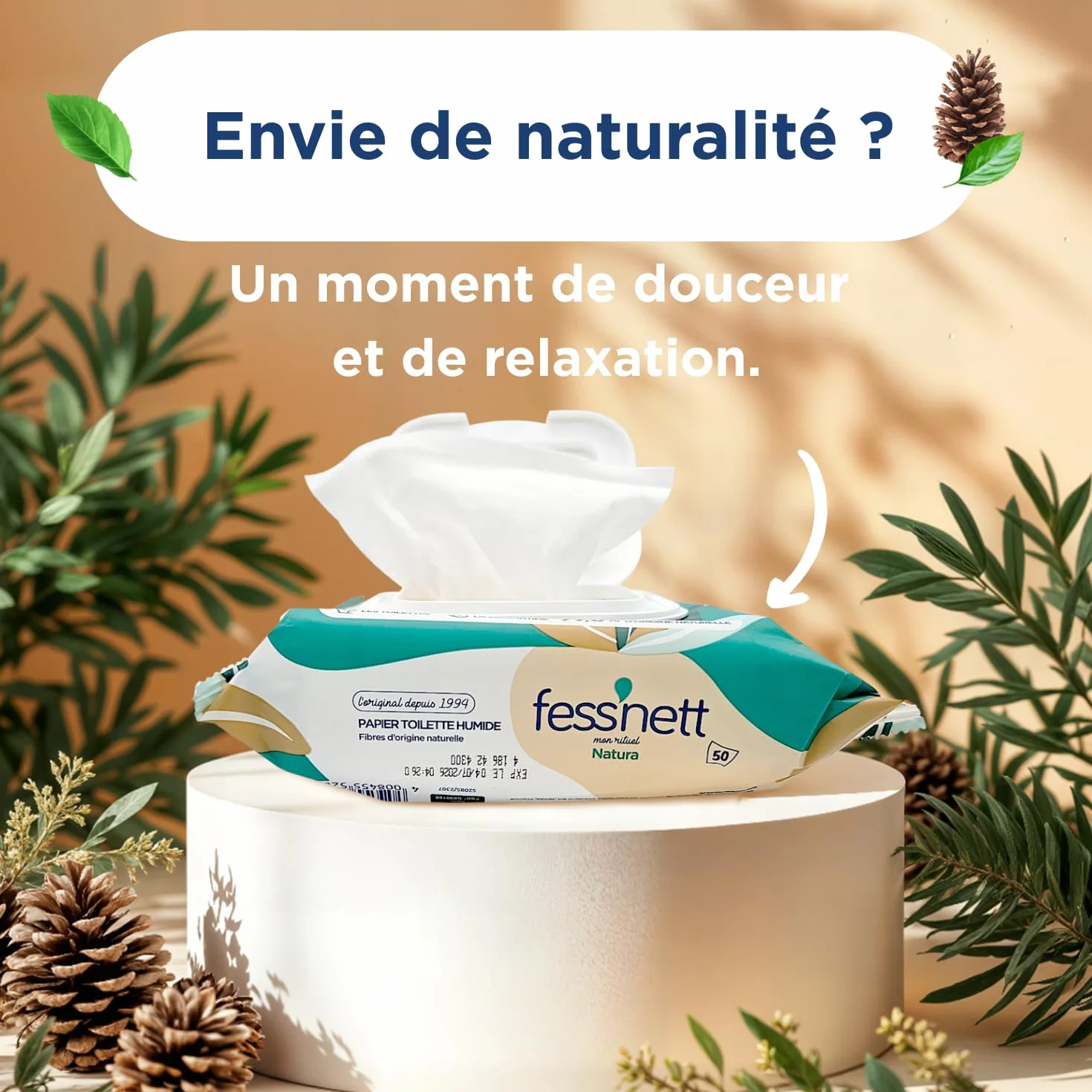 Fess'nett Natura wilgotny papier toaletowy, 50 sztuk, testowany dermatologicznie, 0% parabenów, 0% fenoksyetanol, hipoalergiczny