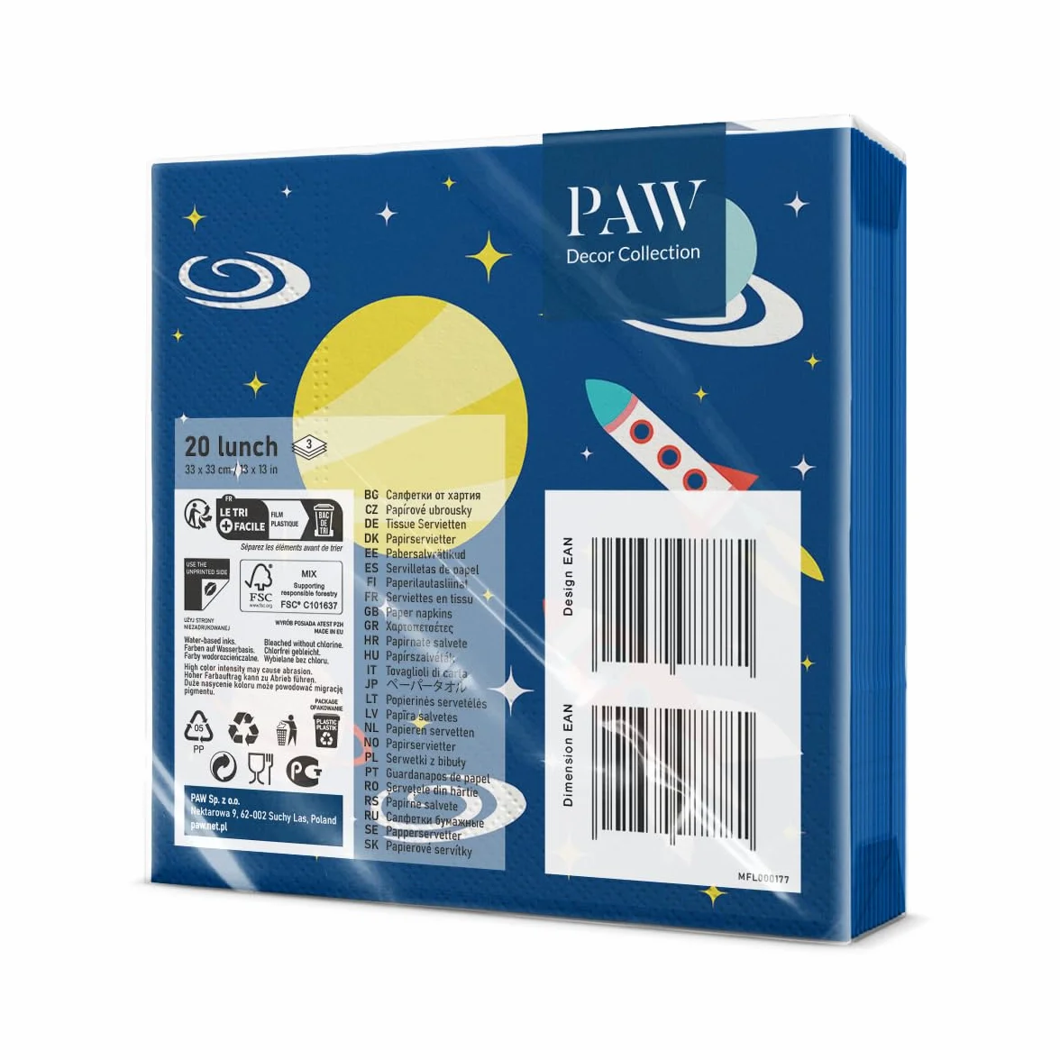 PAW serwetki 3-warstwowe (33 x 33 cm) I 20 sztuk I idealne na urodziny dzieci, imprezy, komunię, uroczystości I papierowe serwetki kolorowe z motywem imprezowym I Kosmos, rakieta, planeta, granat -