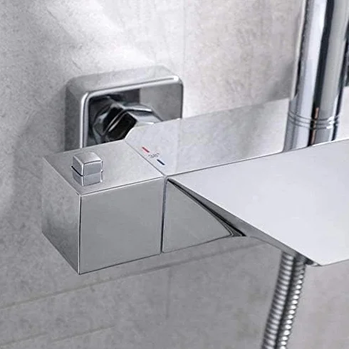 Bateria termostatyczna do wanny i natrysku, baterie łazienkowe, bateria ścienna do wanny, bateria wannowa z wodospadem, zestaw z głowicą prysznicową i wężem - czarna - B, bateria wannowa chromowana
