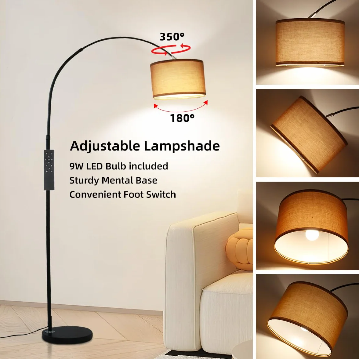 ANTENLICHT AURA Lampa łukowa z pilotem | Lampa stojąca do salonu z regulacją jasności | W zestawie żarówka LED E27 | Brązowy abażur z tkaniny 33 cm | Przełącznik nożny | Lampa łukowa w stylu vintage,