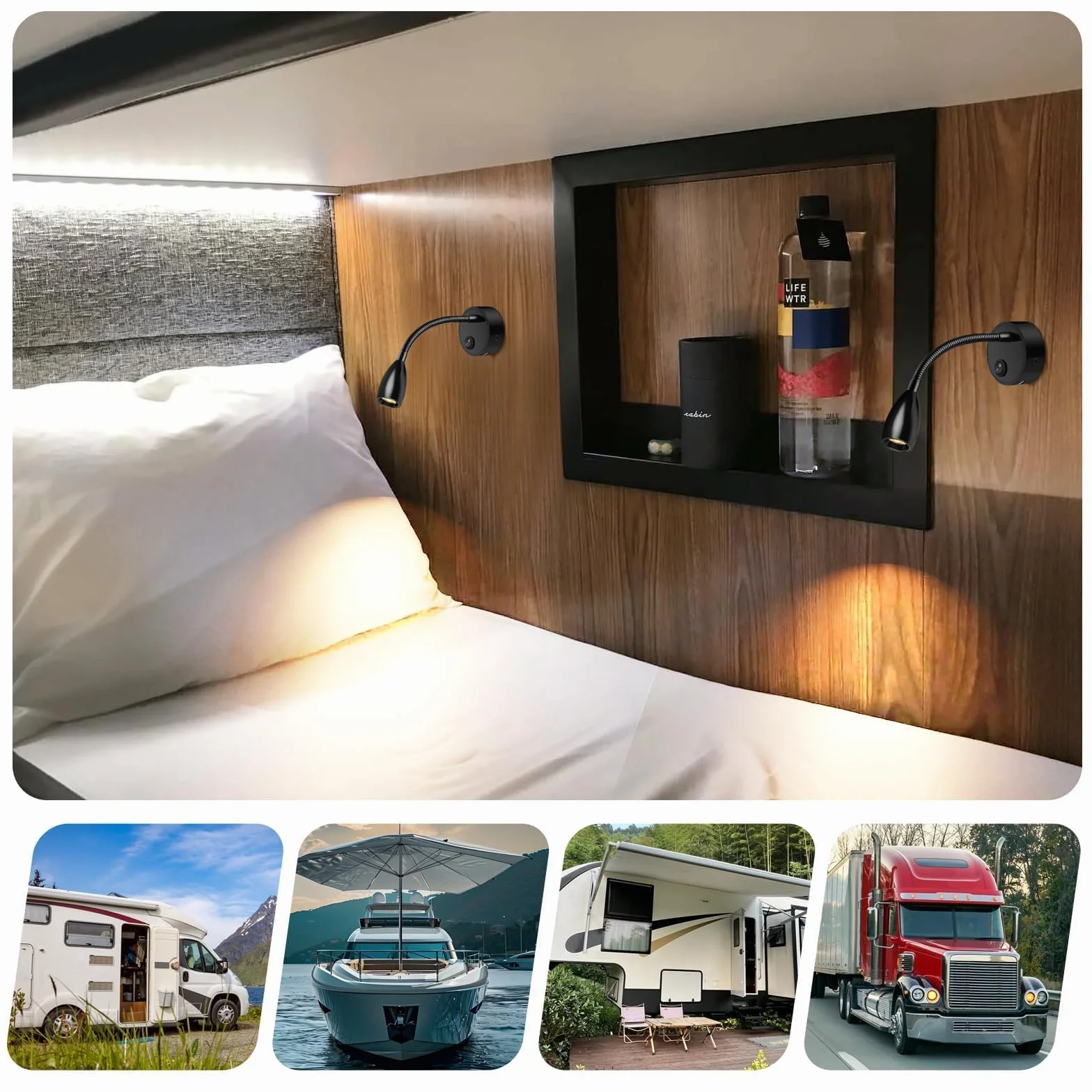 ERWEY 2er LED Lampa do czytania 12V Camper, 3W 3000K Lampa ścienna Lampa Łóżkowa z elastyczną gęsią szyją i portem ładowania USB DC12-24V Spot do łodzi, jachtu, vana oświetlenie wnętrza, czarny
