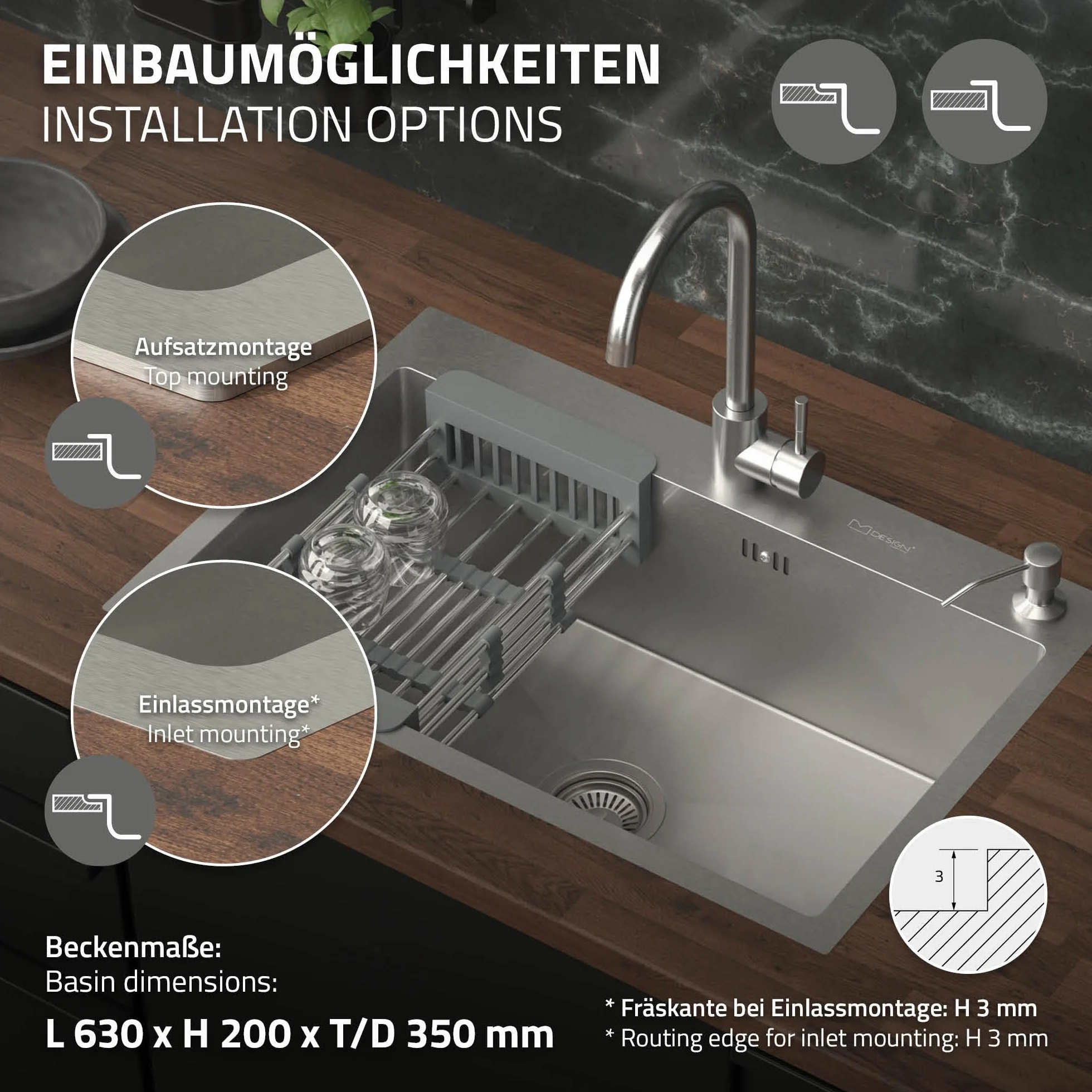 ML-Design Zlewozmywak kuchenny, 68 x 45 cm, z odpływem, dozownikiem mydła i koszem na ociekacz, ze stali nierdzewnej, srebrny, zlewozmywak z umywalką, montaż do zabudowy, umywalka domowa