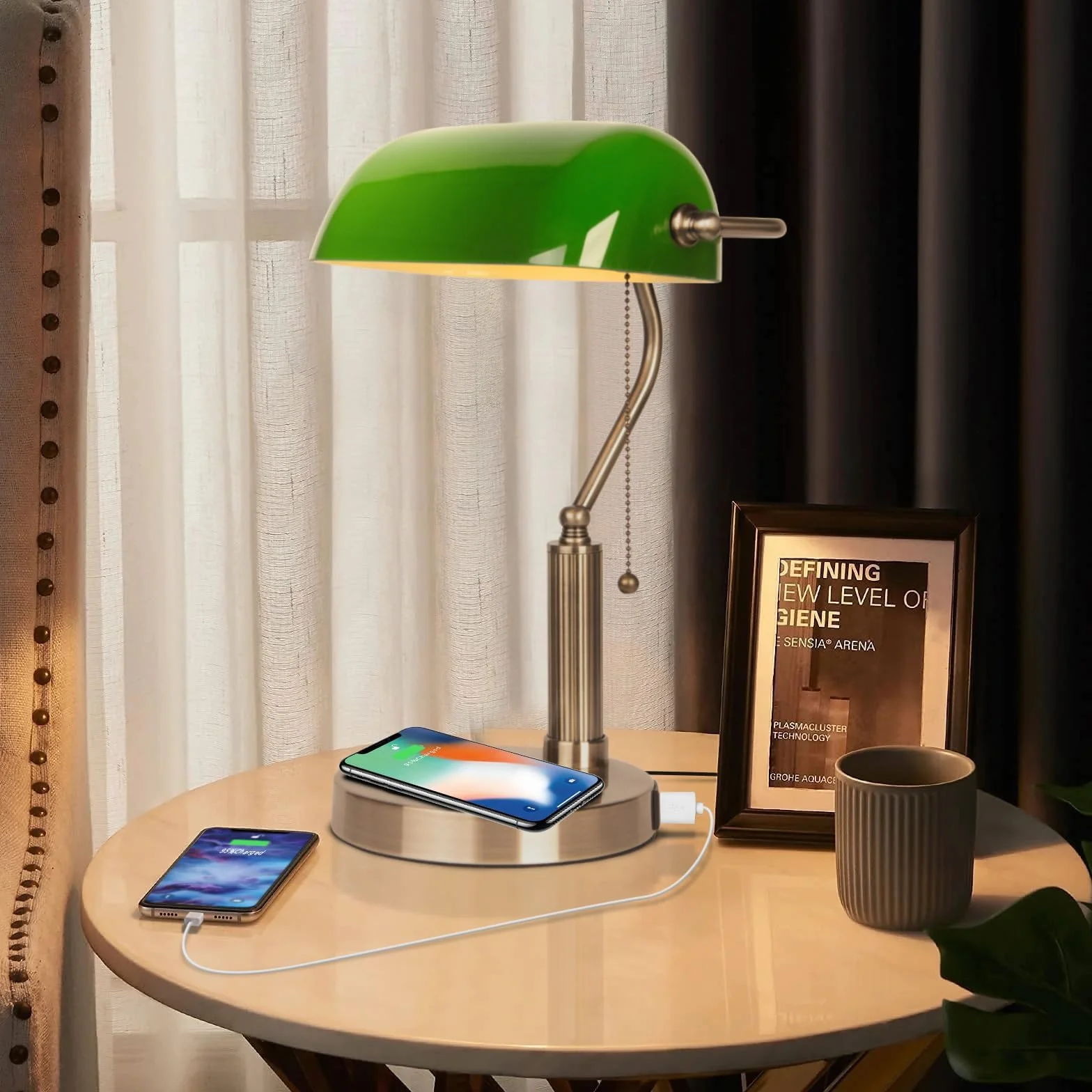 FIRVRE Bankers, zielona szklana lampka na biurko, stolik nocny, lampka z bezprzewodowym ładowaniem, port USB, vintage, mosiądz, łańcuch ciągnący, przełącznik, klasyczna lampa stołowa do domu, biura