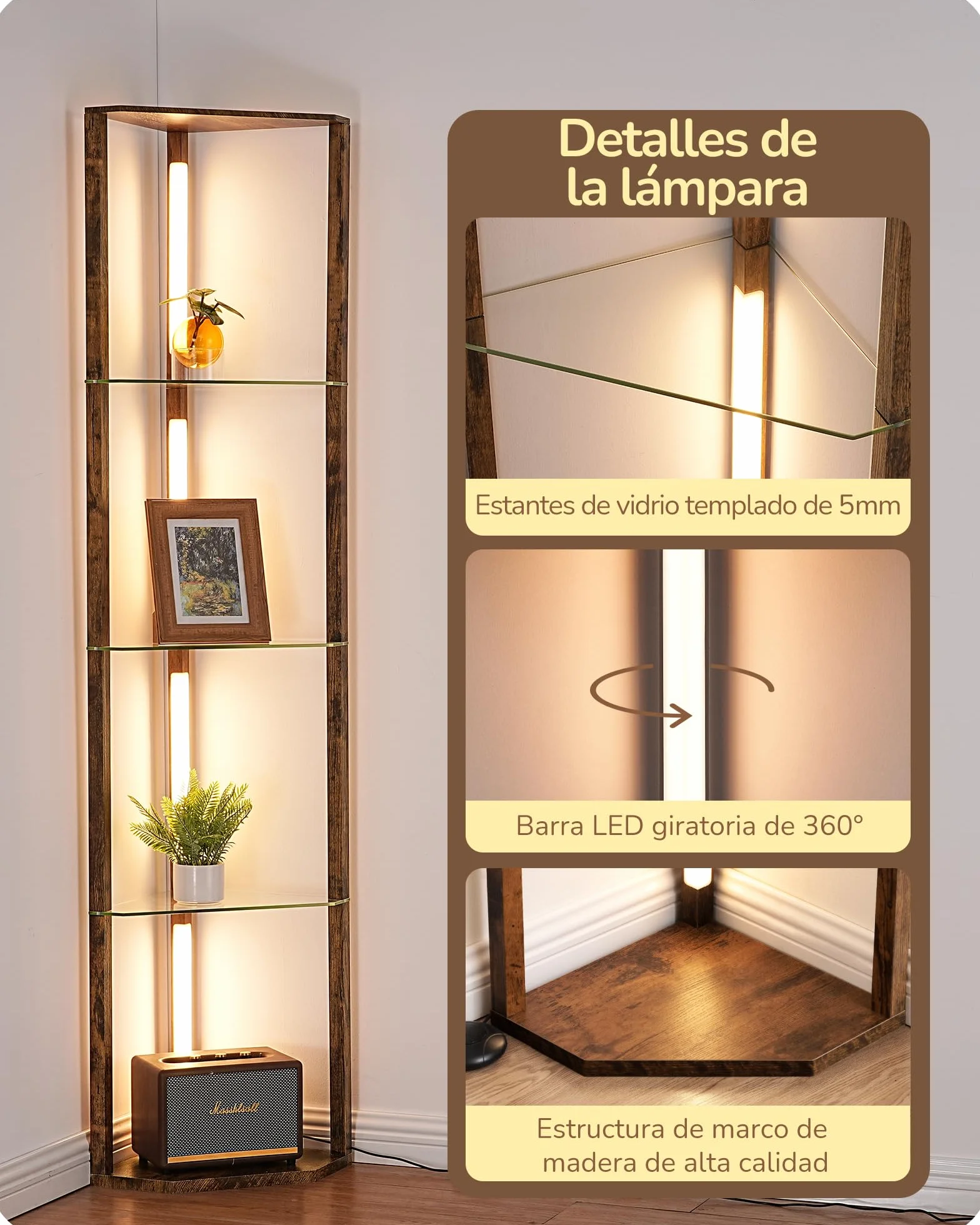 EDISHINE Lampa podłogowa do salonu ze szklanymi półkami, bezstopniowa ściemnianie, 3 temperatury barwowe, przełącznik nożny, drewniany regał narożny z oświetleniem LED, do salonu, sypialni, czarna