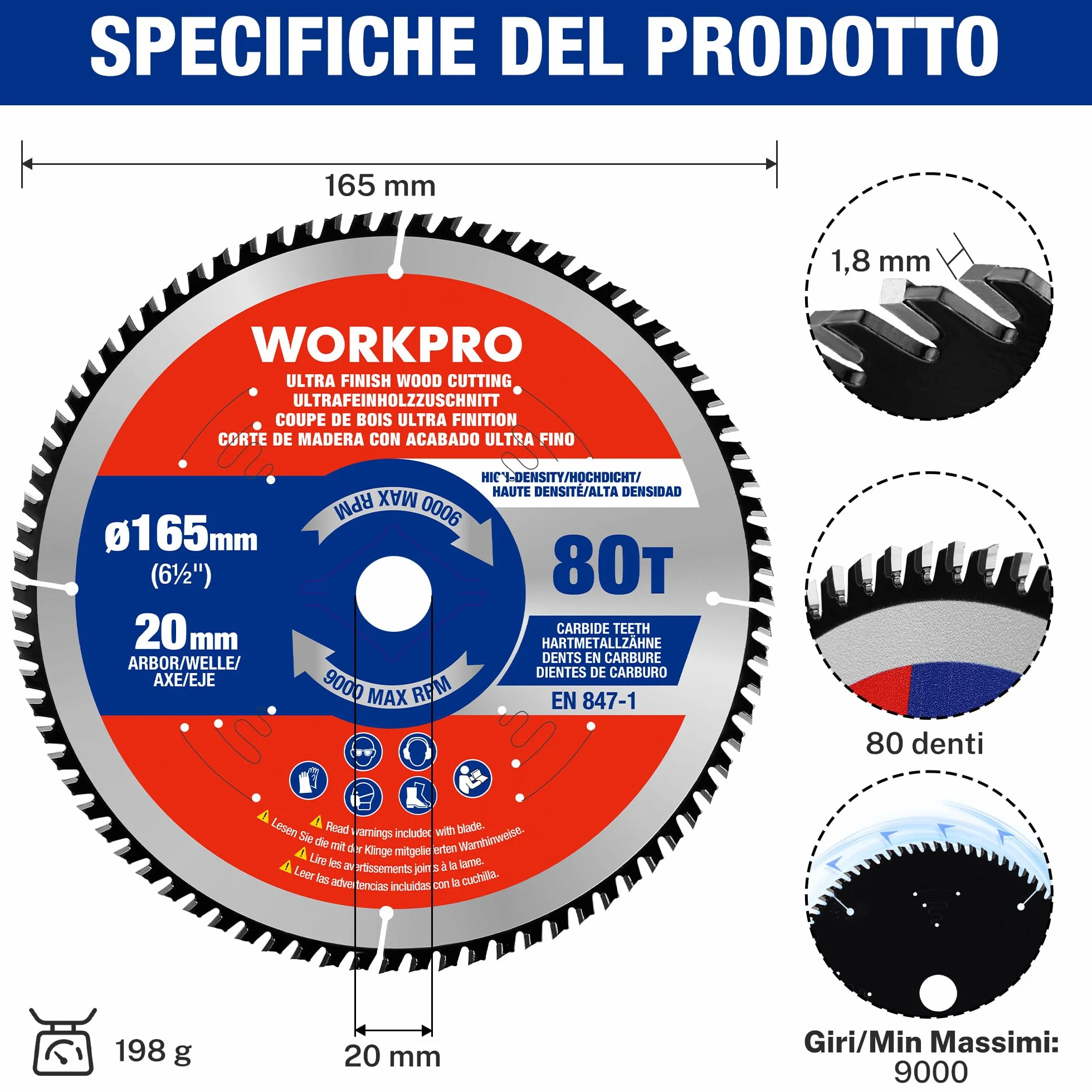 WORKPRO Piła tarczowa 165 x 20 mm 80 zębów, tarcza tnąca TCT do drewna, sklejki, MDF, płyty gipsowo-kartonowej, laminatu, tworzywa sztucznego