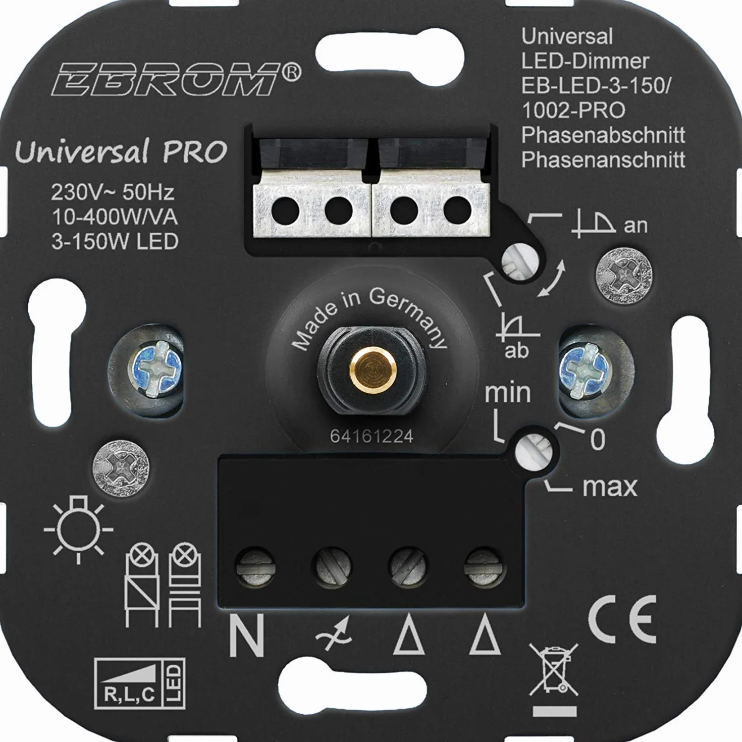 EBROM® podtynkowy uniwersalny ściemniacz LED ściemniacz obrotowy odcinek fazowy + nacięcie fazowe LED 3-150 W, ściemniane halogeny itp. 10-400 W/VA, uniwersalny ściemniacz, pasuje do Busch Jäer, Gira,