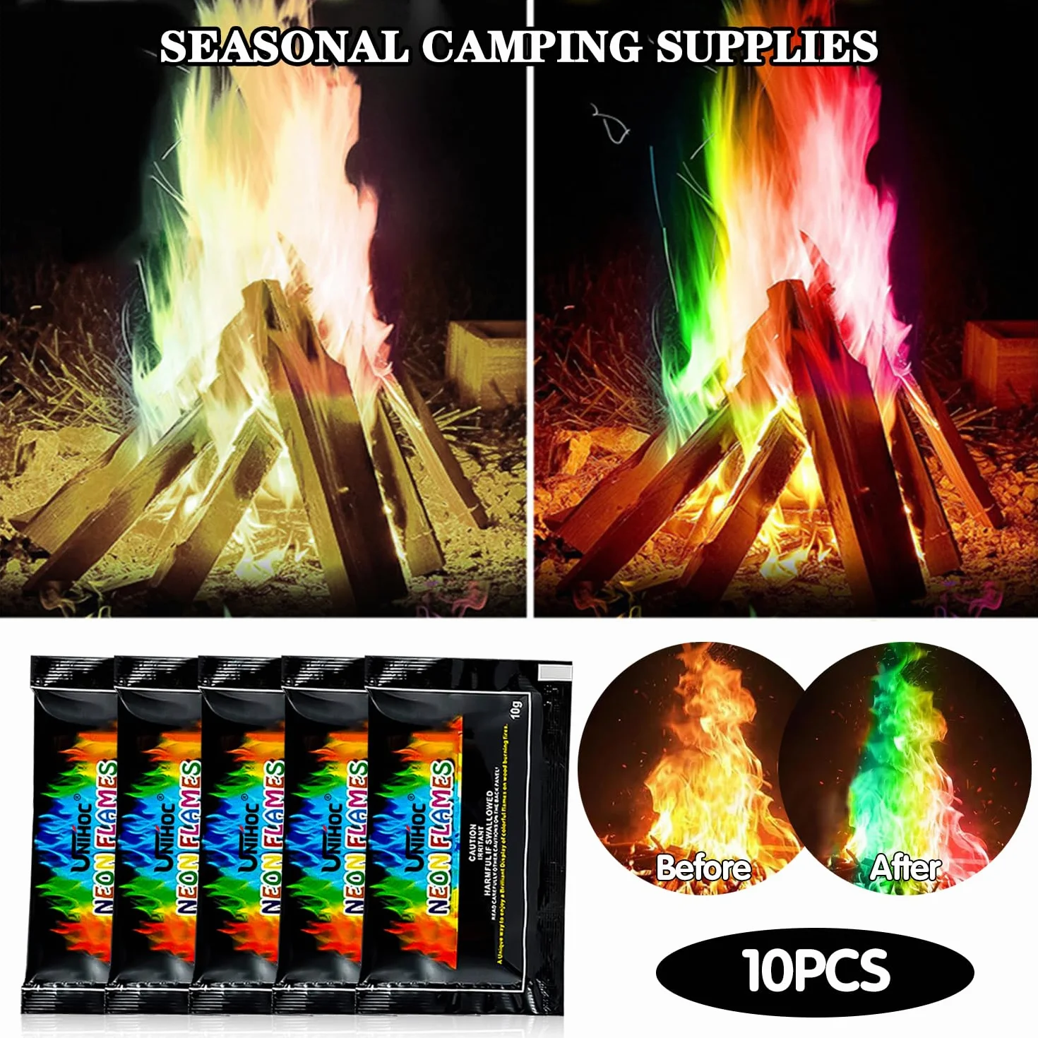 Kolorowy proszek do ognia, magiczny neonowy płomień, magiczny płomień, 10 x 10 g Magic Fire Powder, kolorowy ogień, na Boże Narodzenie magiczny proszek, kolorowy płomień do kominka w proszku do