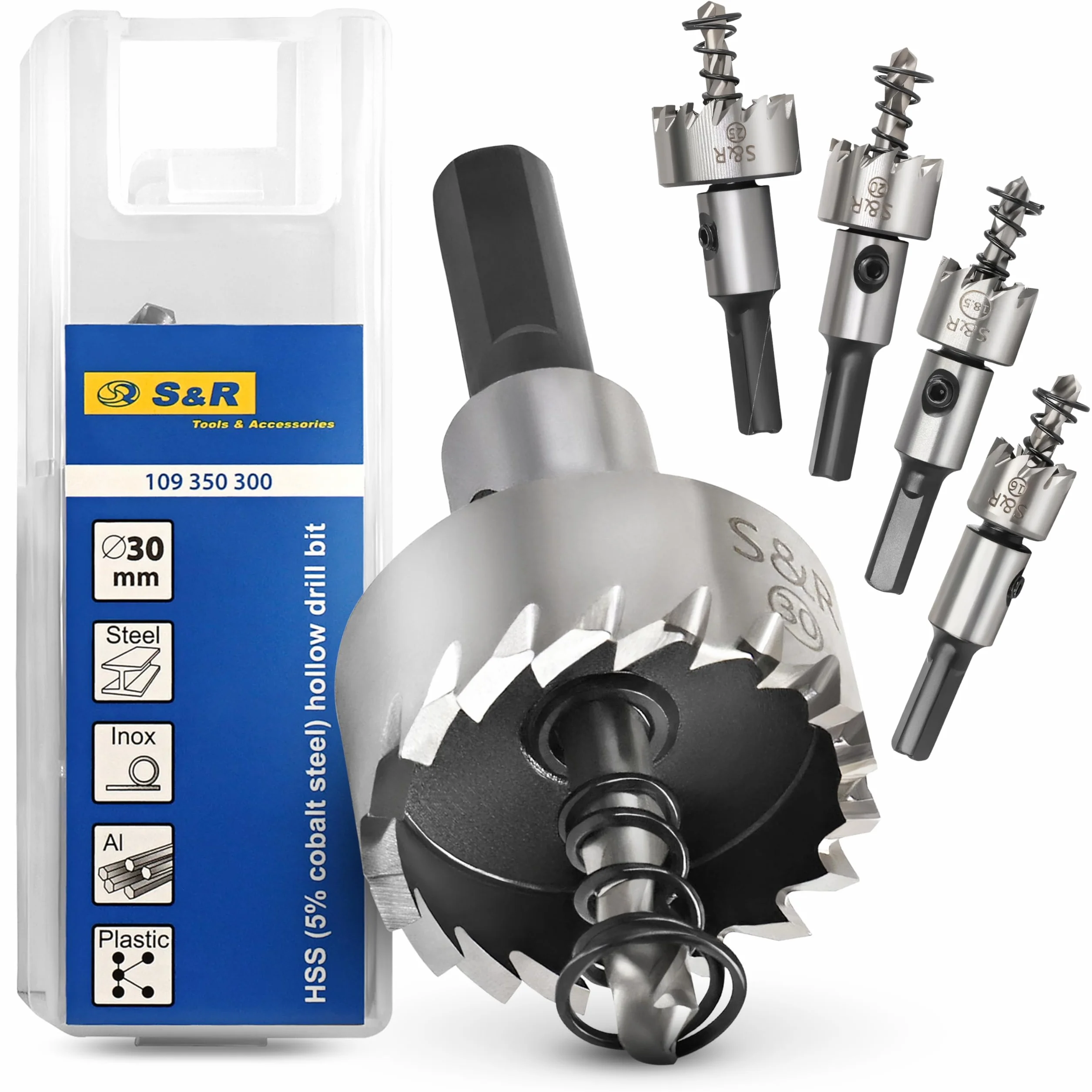 S&R 5-częściowy zestaw otwornic 16/18,5/20/25/30 mm, stal HSS COBALT, 5% stop kobaltowy, M35, HRC 64-66, uzębienie combo, zestaw otwornic do metali, stali, stali nierdzewnej, aluminium, tworzyw