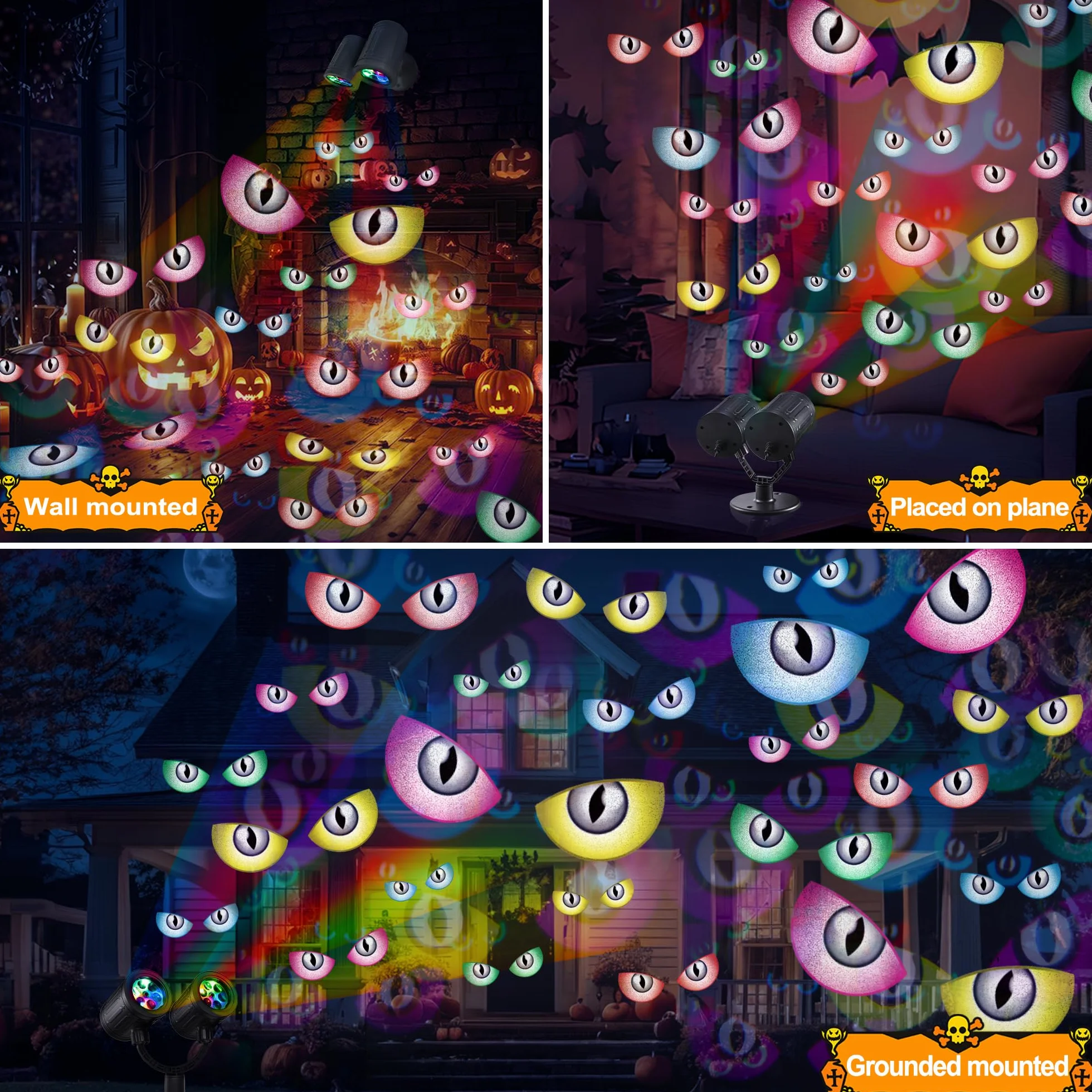 iShabao Dekoracja na Halloween, do użytku na zewnątrz, podwójna głowica, dynamiczny projektor Halloween z timerem, wodoszczelna lampa projekcyjna LED z oczami duchów, do ogrodu, na okno, ścianę